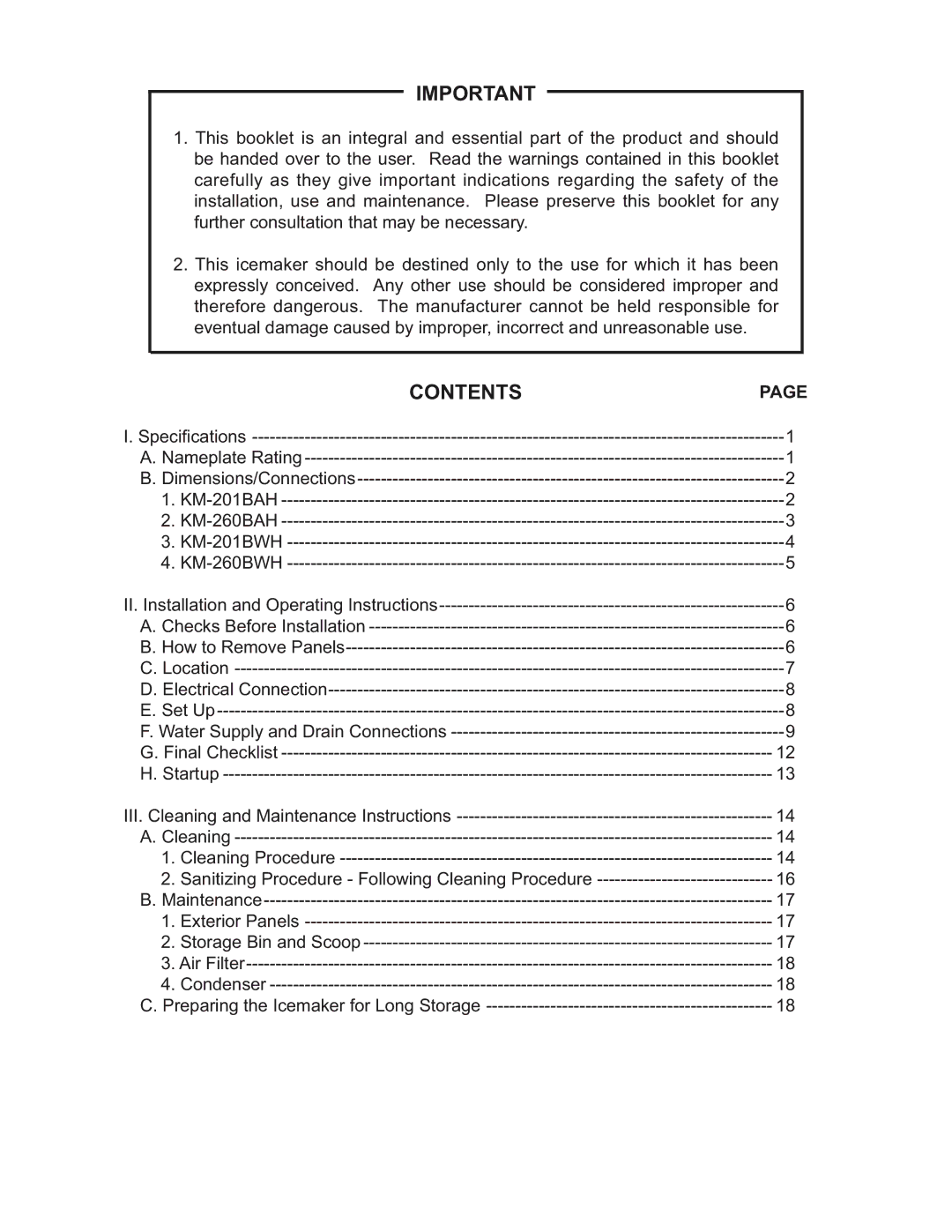 Hoshizaki L1F015102 instruction manual Contents 