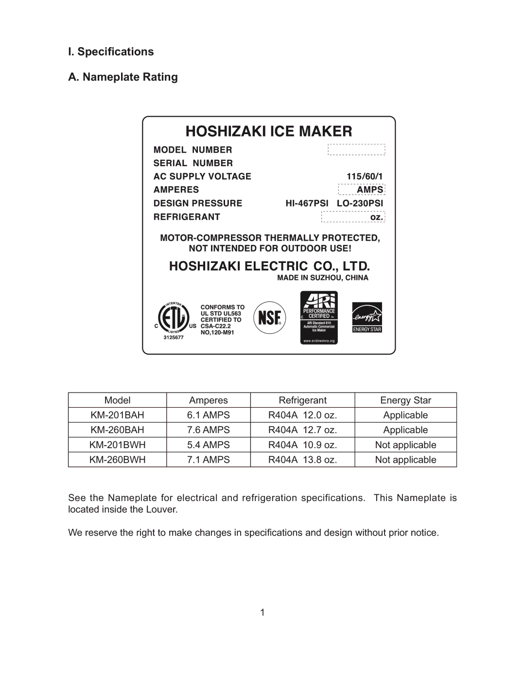 Hoshizaki L1F015102 instruction manual Speciﬁcations Nameplate Rating, KM-260BWH 