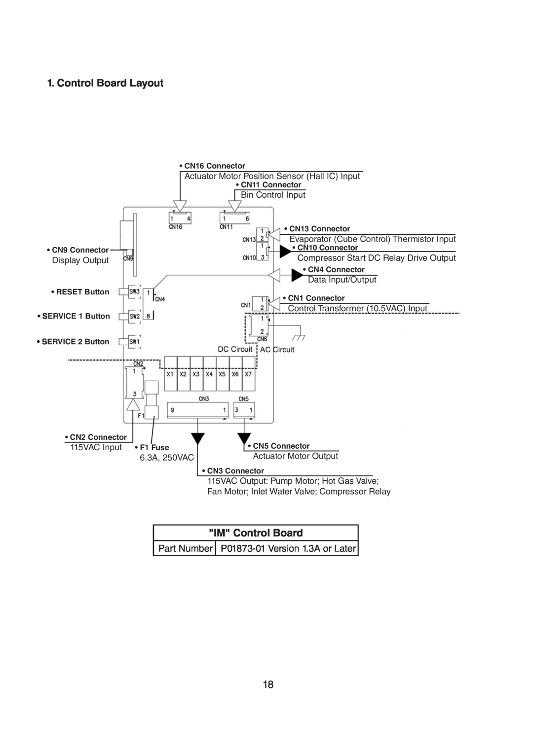 Hoshizaki M029-897 service manual Control Board Layout, IM Control Board, Part Number P01873-01 Version 1.3A or Later 