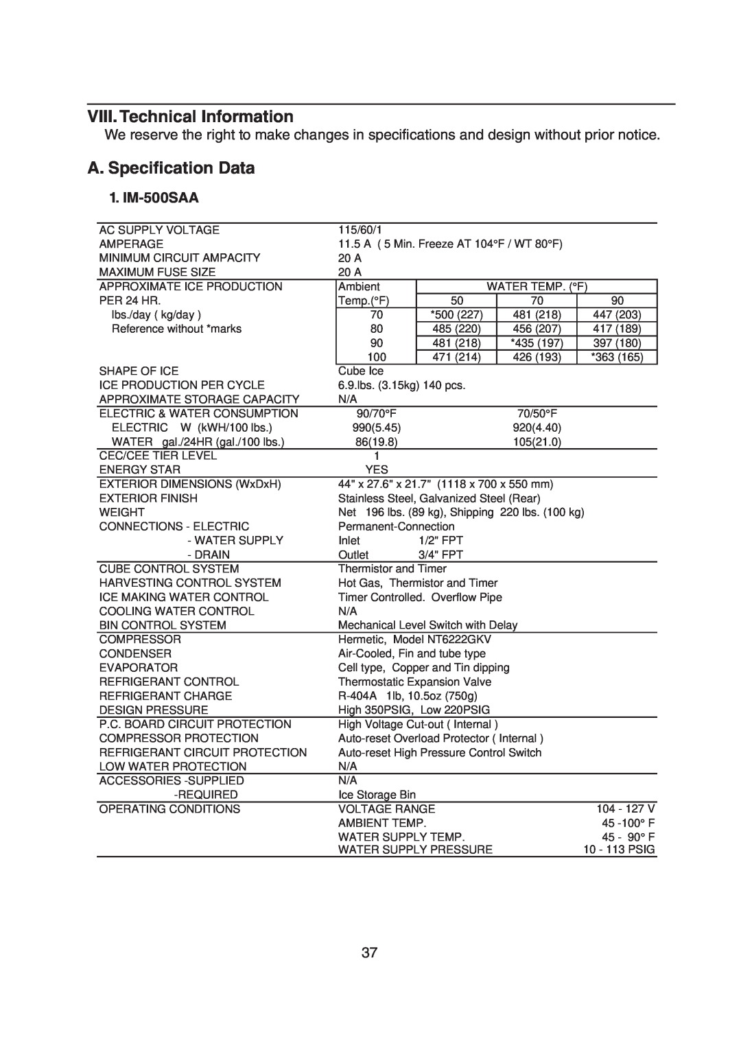 Hoshizaki M029-897 service manual VIII. Technical Information, A. Specification Data, IM-500SAA 