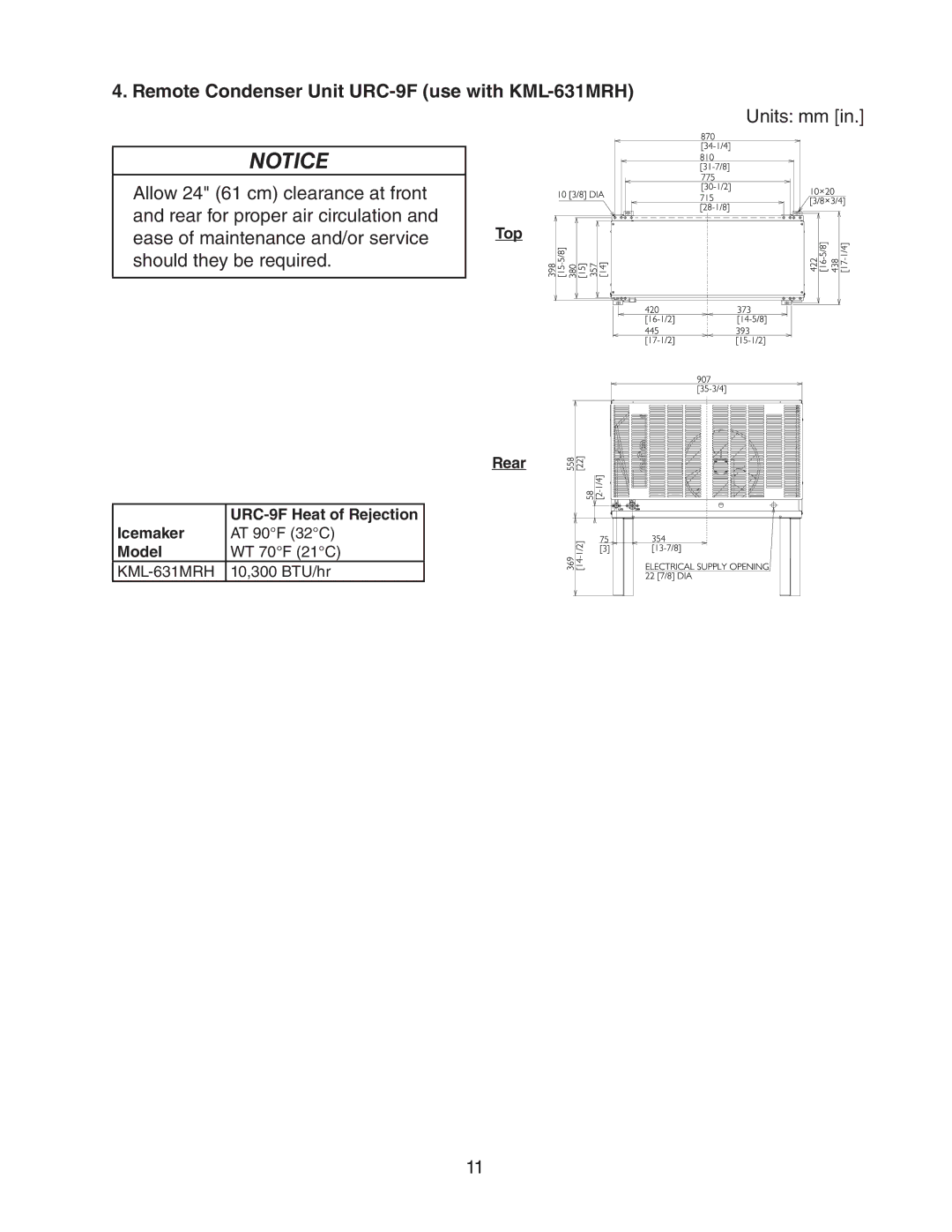 Hoshizaki MWH KML-351MAH, MWH KML-451MAH, MWH KML-631MAH, KML-250MAH Remote Condenser Unit URC-9F use with KML-631MRH 