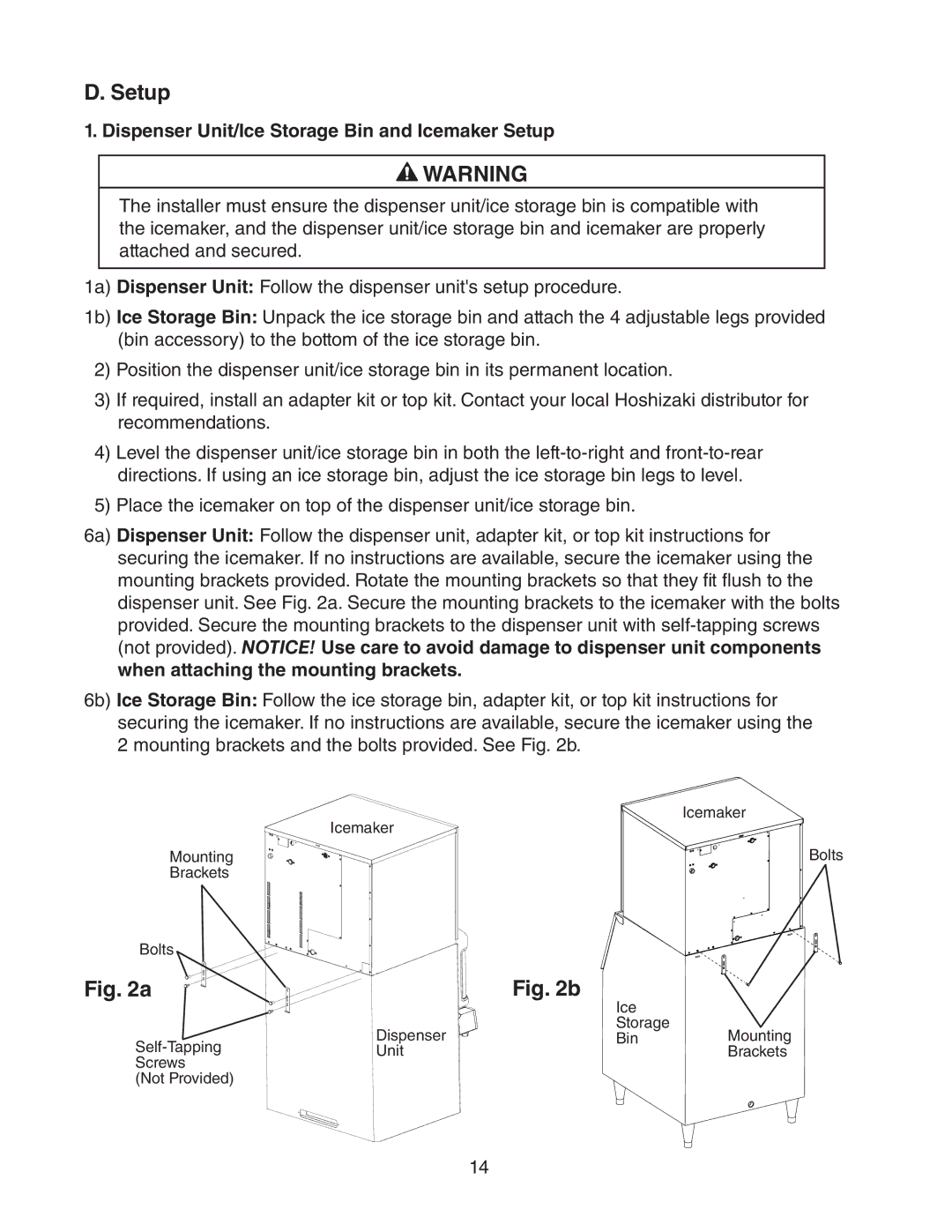 Hoshizaki MWH KML-451MAH, MRH, MWH KML-631MAH, KML-250MAH Dispenser Unit/Ice Storage Bin and Icemaker Setup 