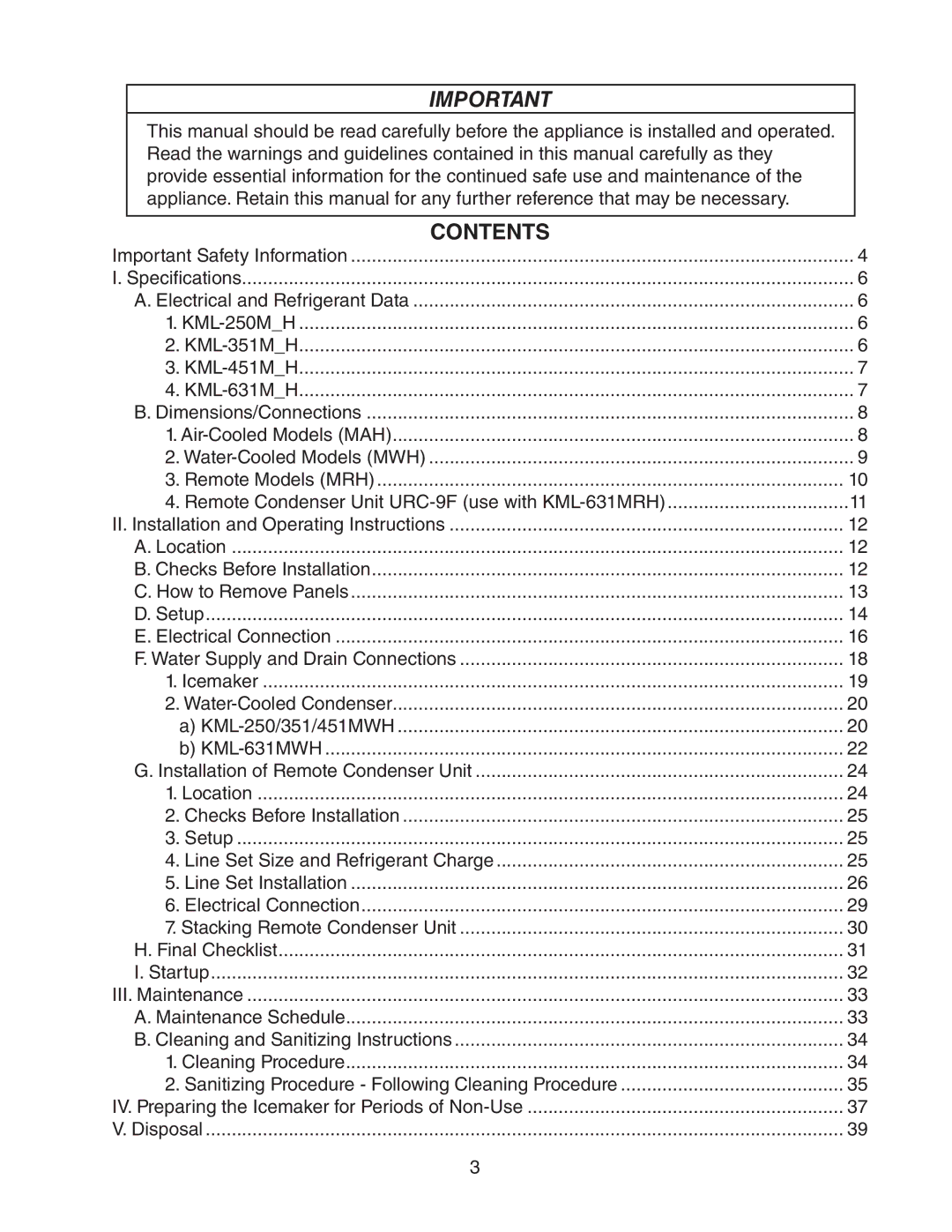 Hoshizaki MWH KML-631MAH, MWH KML-451MAH, MRH, KML-250MAH, MWH KML-351MAH instruction manual Contents 