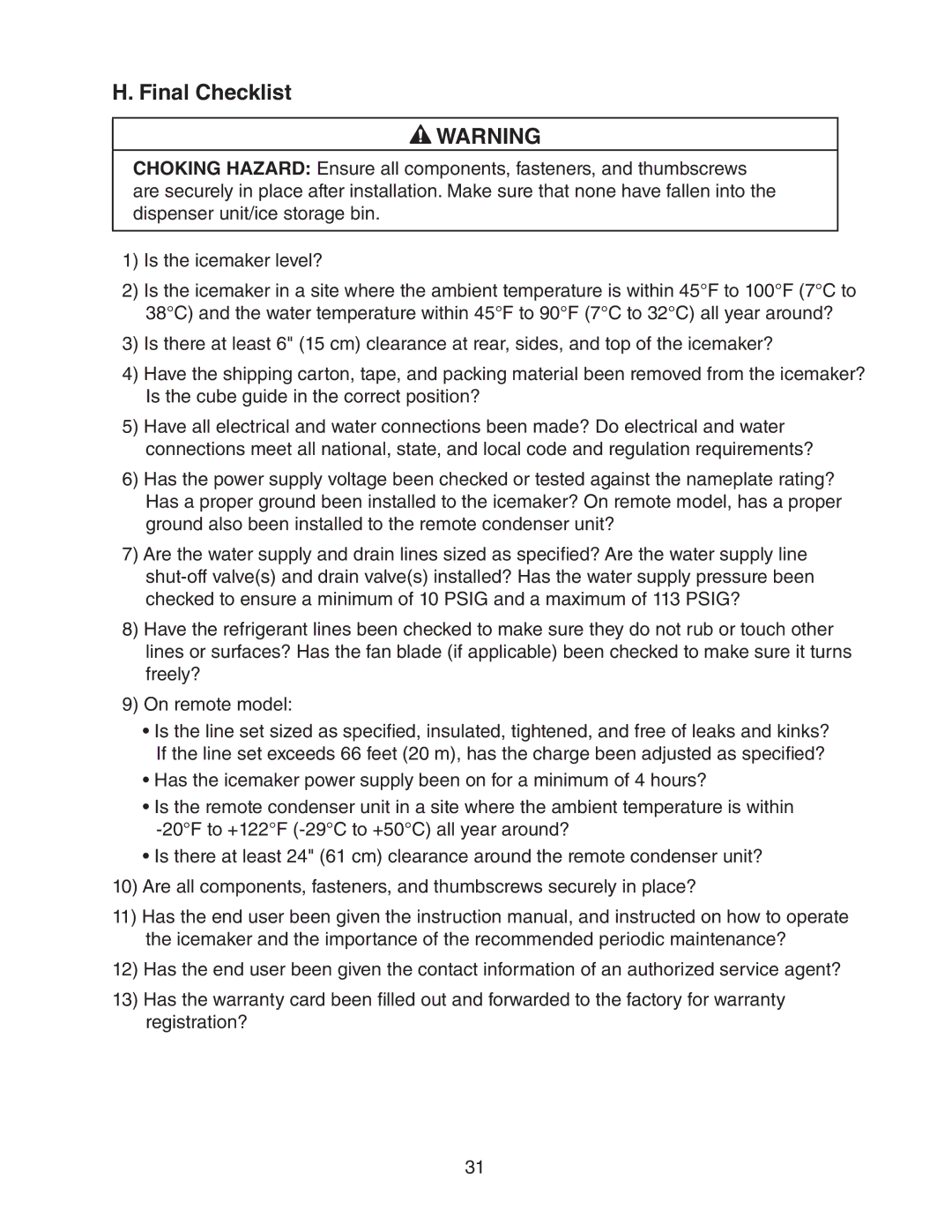 Hoshizaki MRH, MWH KML-451MAH, MWH KML-631MAH, KML-250MAH, MWH KML-351MAH instruction manual Final Checklist 