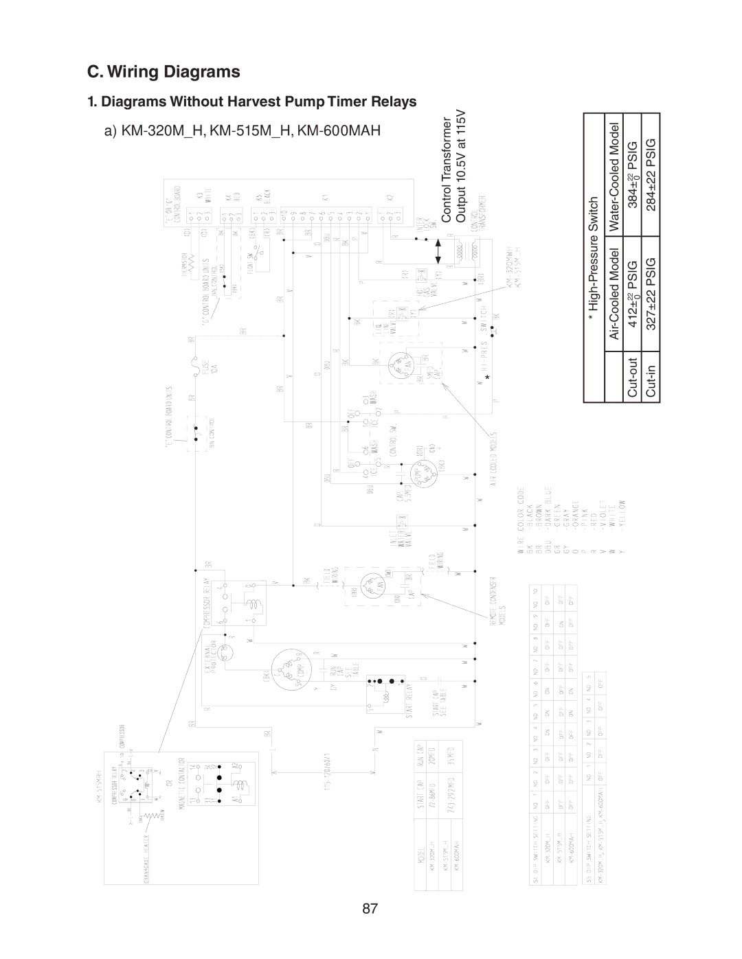 Hoshizaki MRH KM-901MAH, MWH KM-515MAH, MRH/3, MWH(-M) Wiring Diagrams, Diagrams Without Harvest Pump Timer Relays 