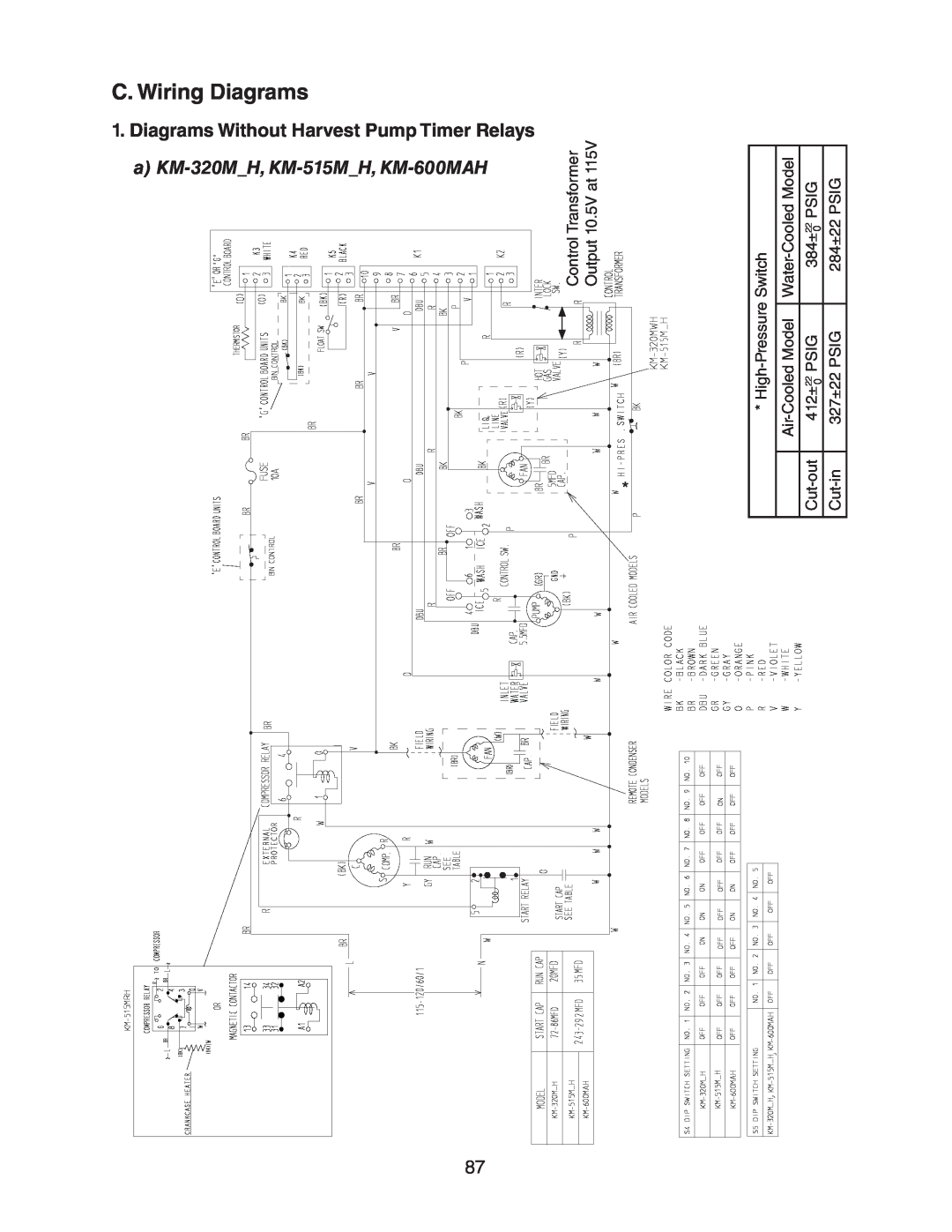 Hoshizaki MRH KM-901MAH C. Wiring Diagrams, Diagrams Without Harvest Pump Timer Relays, a KM-320MH, KM-515MH, KM-600MAH 