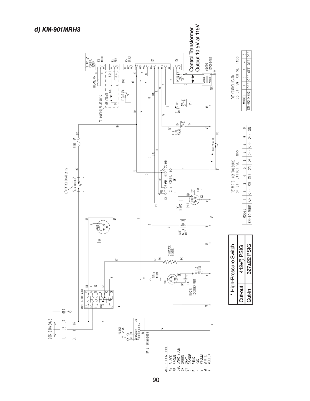 Hoshizaki KM-320MAH d KM-901MRH3, Control Transformer Output 10.5V at, High-Pressure Switch, Cut-out, 412±, Psig, Cut-in 