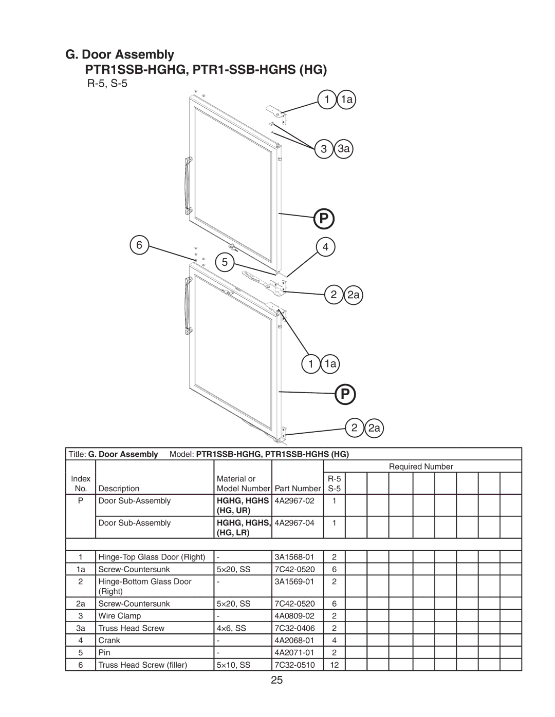 Hoshizaki manual PTR1SSB-HGHG, PTR1-SSB-HGHS HG, Title G. Door Assembly Model PTR1SSB-HGHG, PTR1SSB-HGHS HG, HGHG, Hghs 