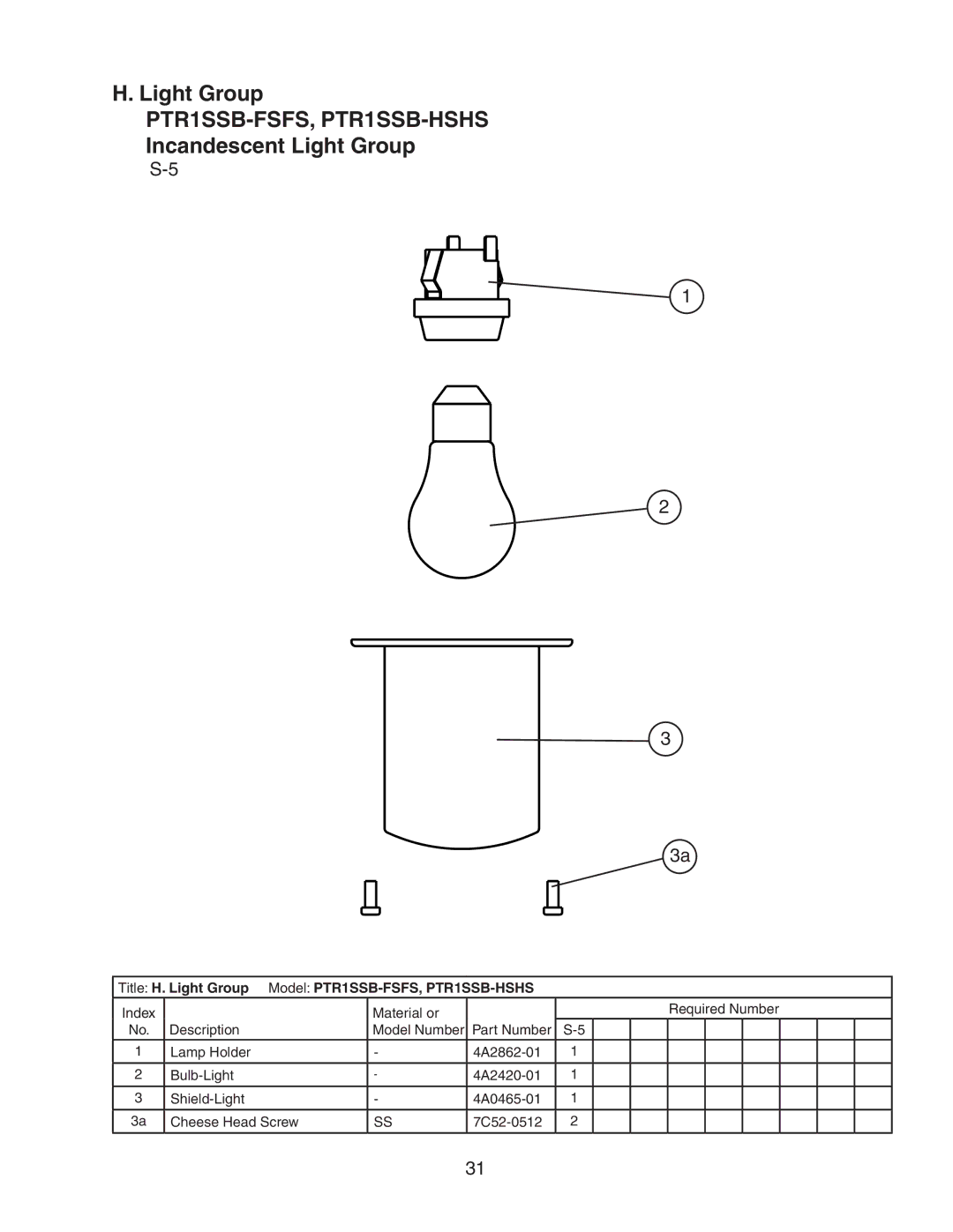 Hoshizaki PTR1SSB-HGHG, PTR1SSB-HGHS, PTR1SSB-FGFG manual Title H. Light Group Model PTR1SSB-FSFS, PTR1SSB-HSHS 