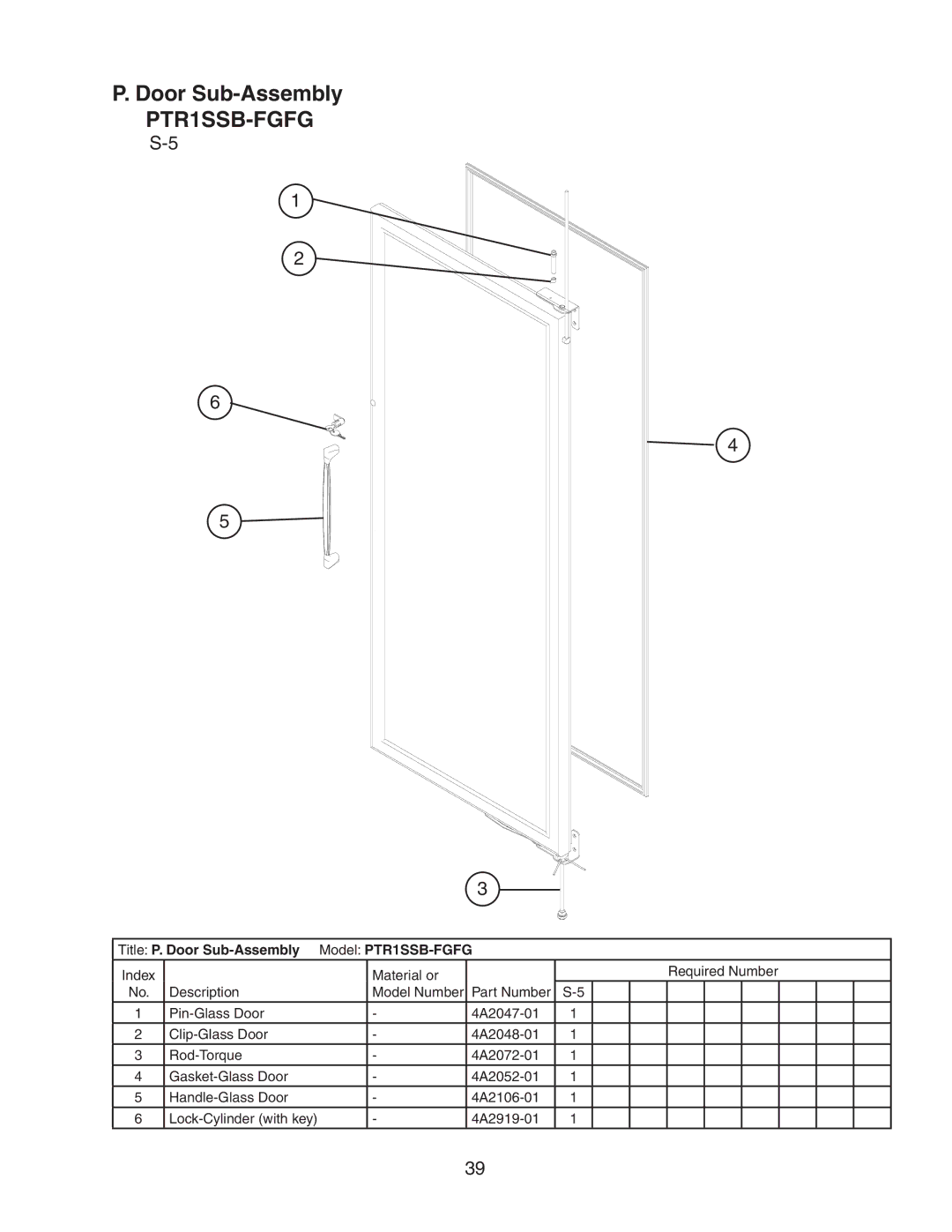 Hoshizaki PTR1SSB-HGHG, PTR1SSB-FSFS, PTR1SSB-HSHS, PTR1SSB-HGHS manual Title P. Door Sub-Assembly Model PTR1SSB-FGFG 