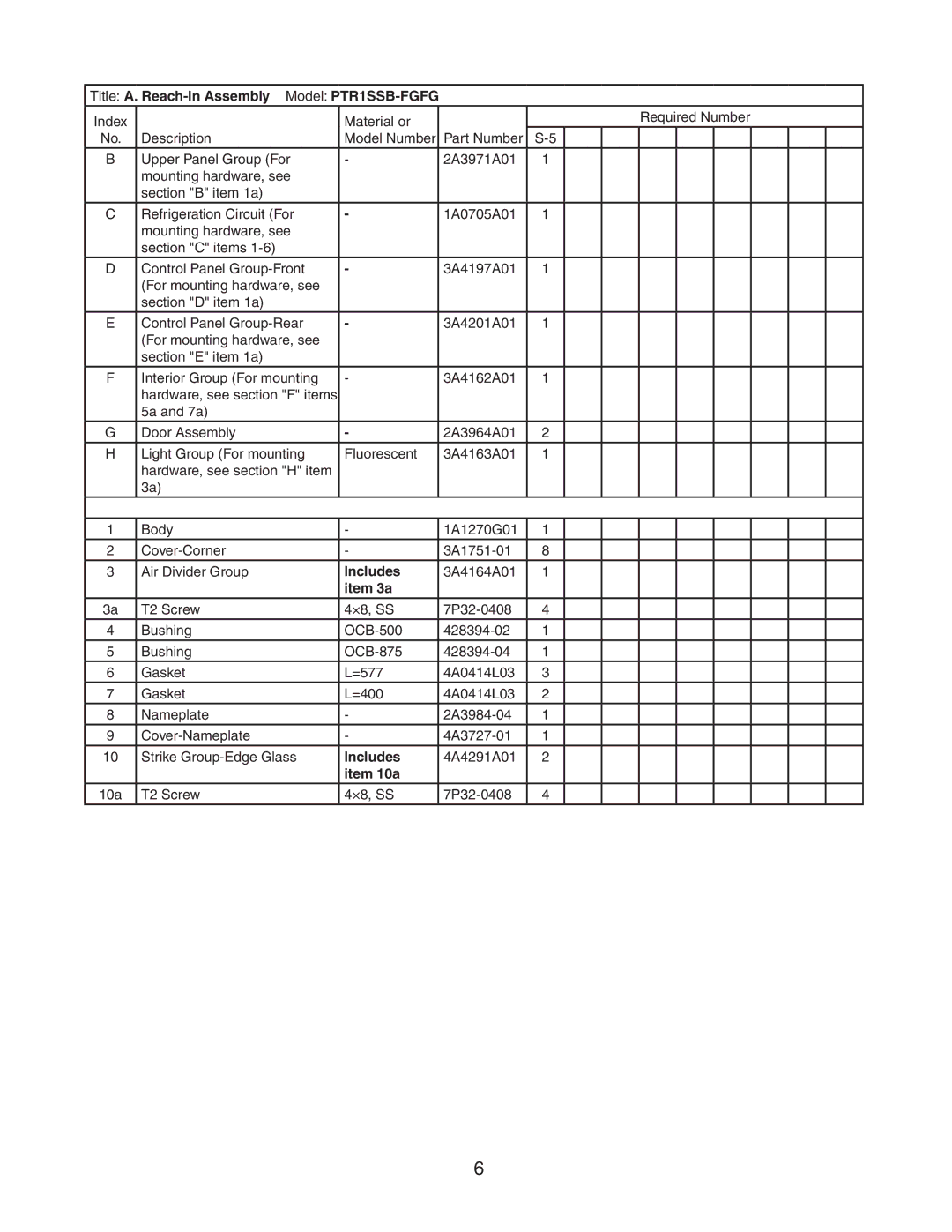 Hoshizaki PTR1SSB-FSFS, PTR1SSB-HGHG manual Title A. Reach-In Assembly Model PTR1SSB-FGFG, Includes, Item 3a, Item 10a 