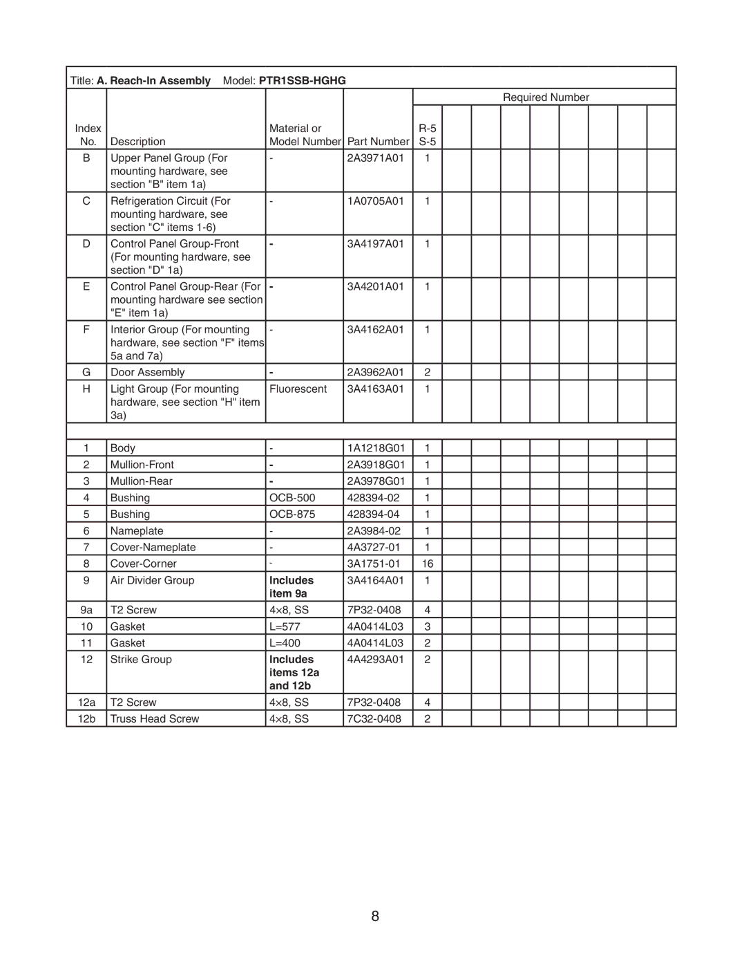 Hoshizaki PTR1SSB-HGHS, PTR1SSB-FSFS, PTR1SSB-HSHS Title A. Reach-In Assembly Model PTR1SSB-HGHG, Item 9a, Items 12a 12b 