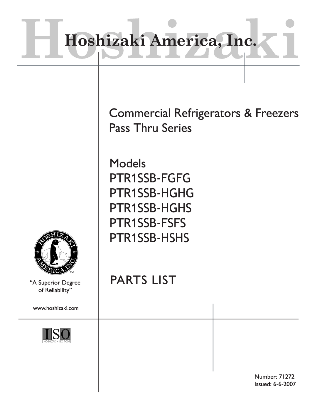 Hoshizaki manual Models, PTR1SSB-FGFG PTR1SSB-HGHG PTR1SSB-HGHS, PTR1SSB-FSFS PTR1SSB-HSHS, Parts List, Number Issued 