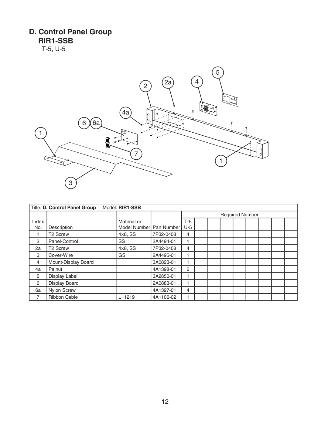 Hoshizaki manual Title D. Control Panel Group Model RIR1-SSB 