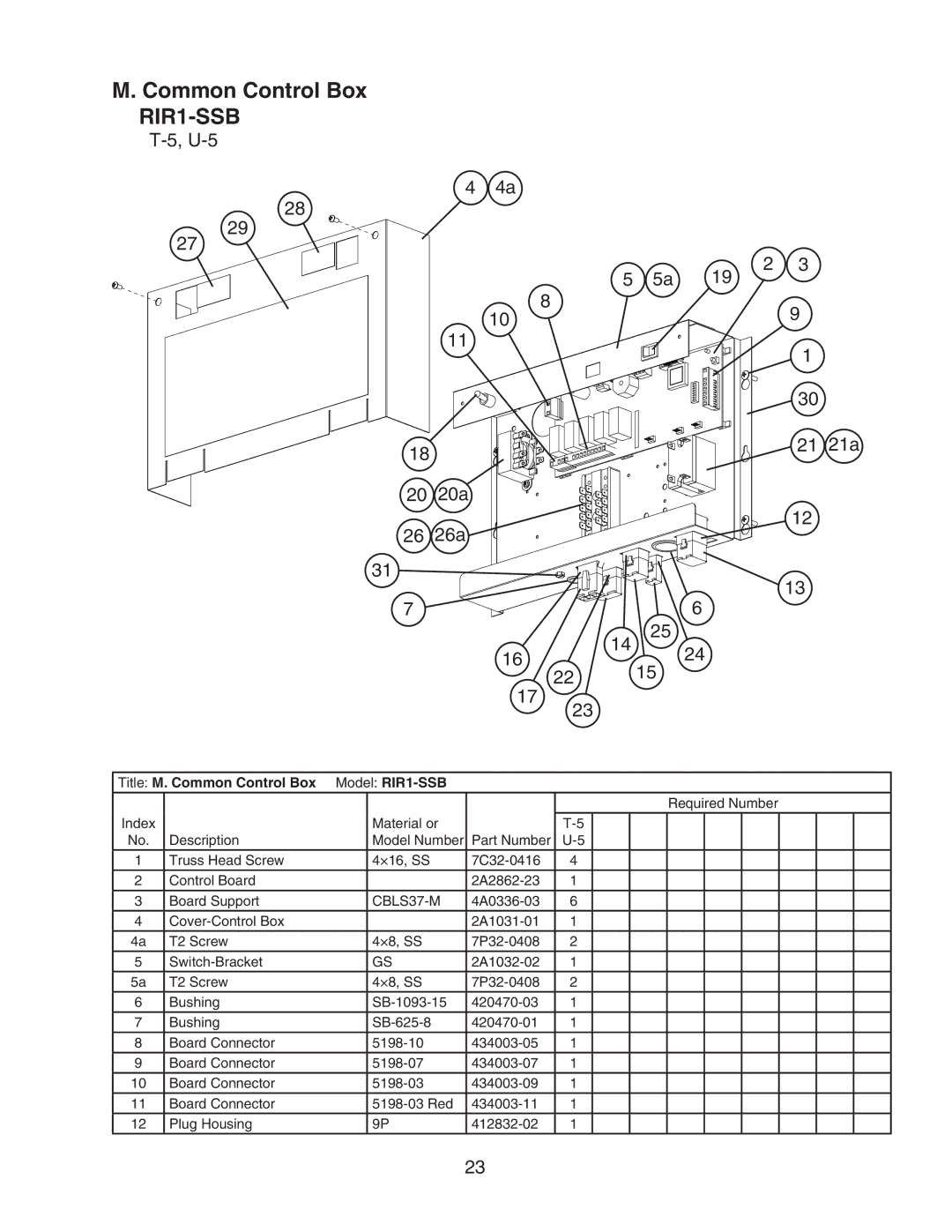 Hoshizaki manual Common Control Box RIR1-SSB, U-5 20a 26a 14 25 21 21a, Title M. Common Control Box Model RIR1-SSB 