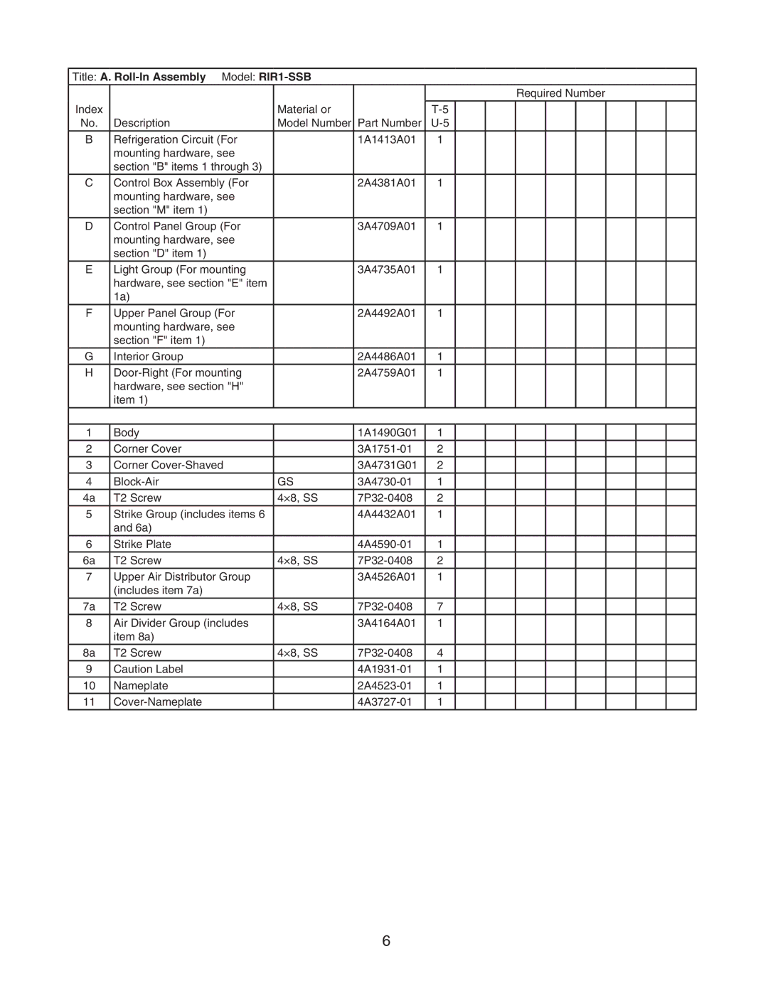 Hoshizaki manual Title A. Roll-In Assembly Model RIR1-SSB 