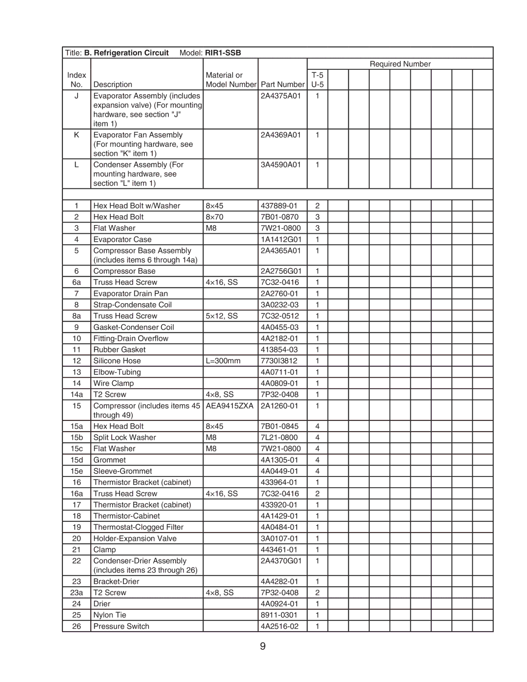 Hoshizaki manual Title B. Refrigeration Circuit Model RIR1-SSB, AEA9415ZXA 