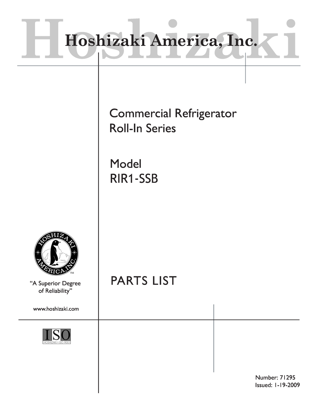 Hoshizaki RIR1-SSB manual Commercial Refrigerator Roll-In Series Model, Parts List, HoshizakiHoshizaki America, Inc 