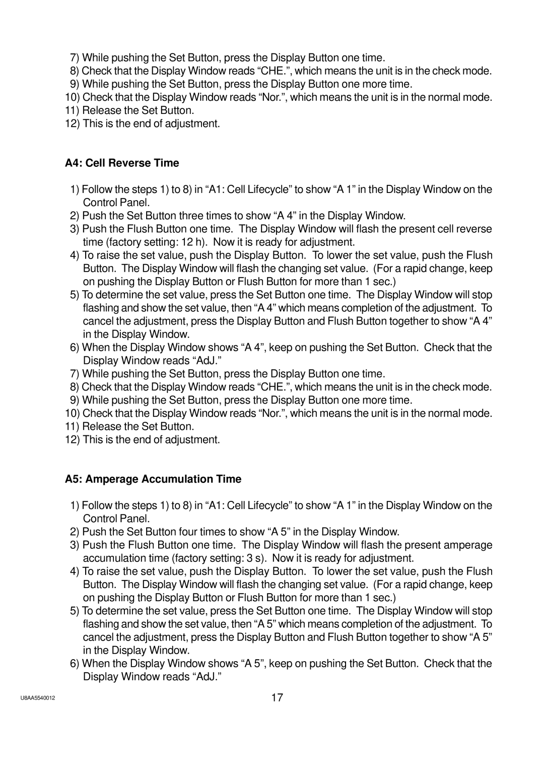 Hoshizaki ROX-20TA-U service manual A4 Cell Reverse Time, A5 Amperage Accumulation Time 