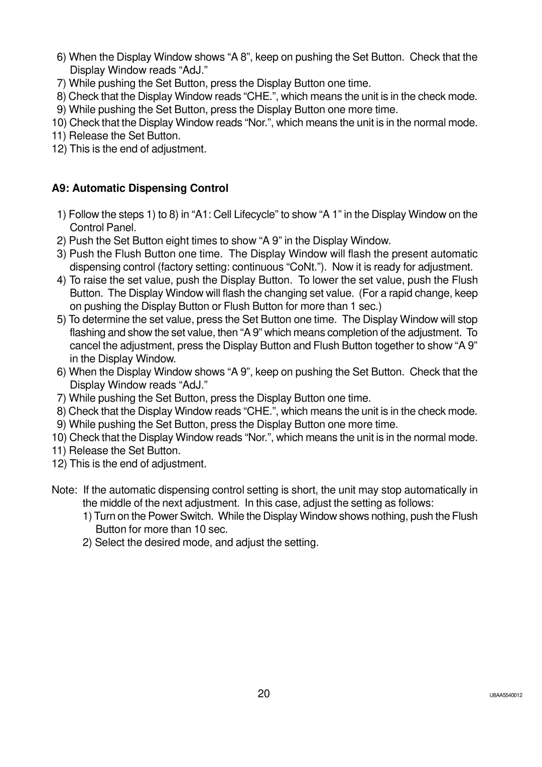 Hoshizaki ROX-20TA-U service manual A9 Automatic Dispensing Control 