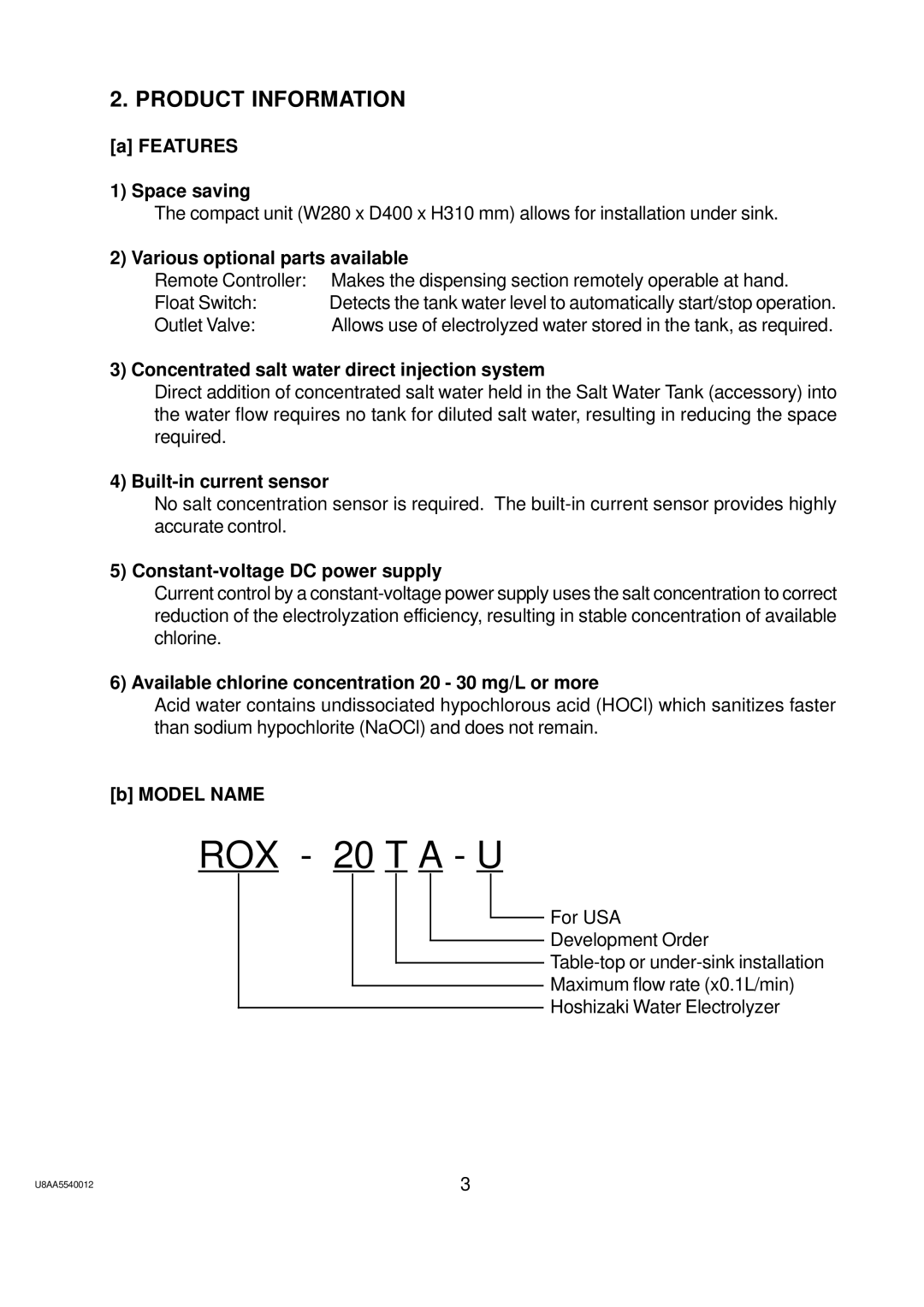 Hoshizaki ROX-20TA-U service manual Product Information 