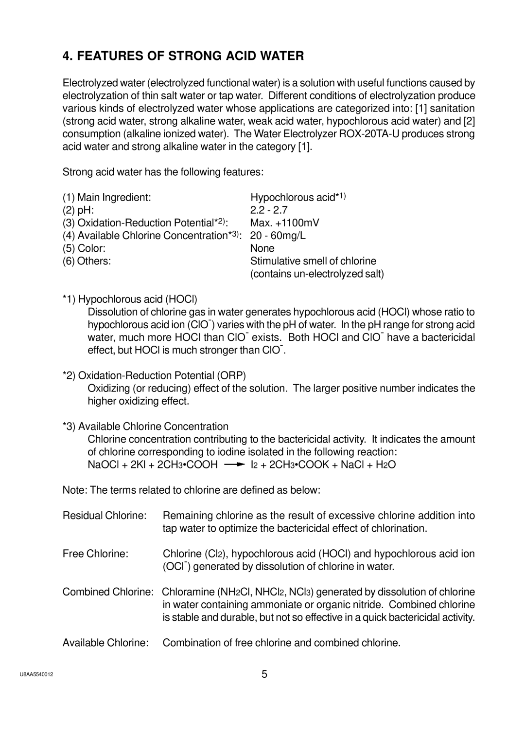 Hoshizaki ROX-20TA-U service manual Features of Strong Acid Water 