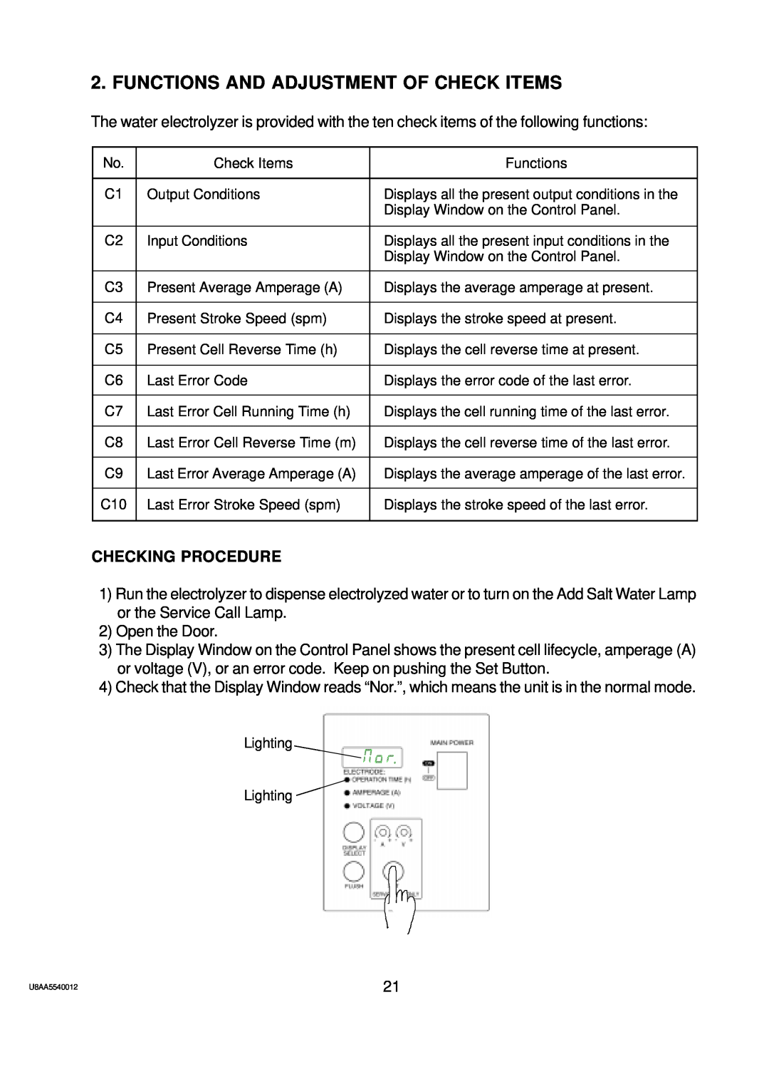 Hoshizaki ROX-20TA-U service manual Functions And Adjustment Of Check Items, Checking Procedure 