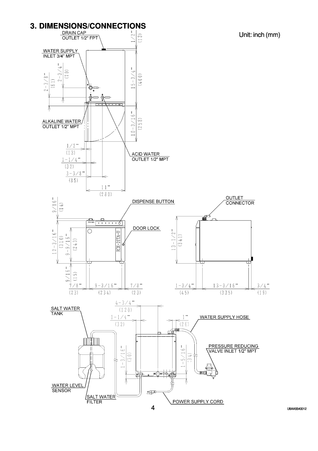 Hoshizaki ROX-20TA-U service manual Dimensions/Connections, Unit inch mm, U8AA5540012 