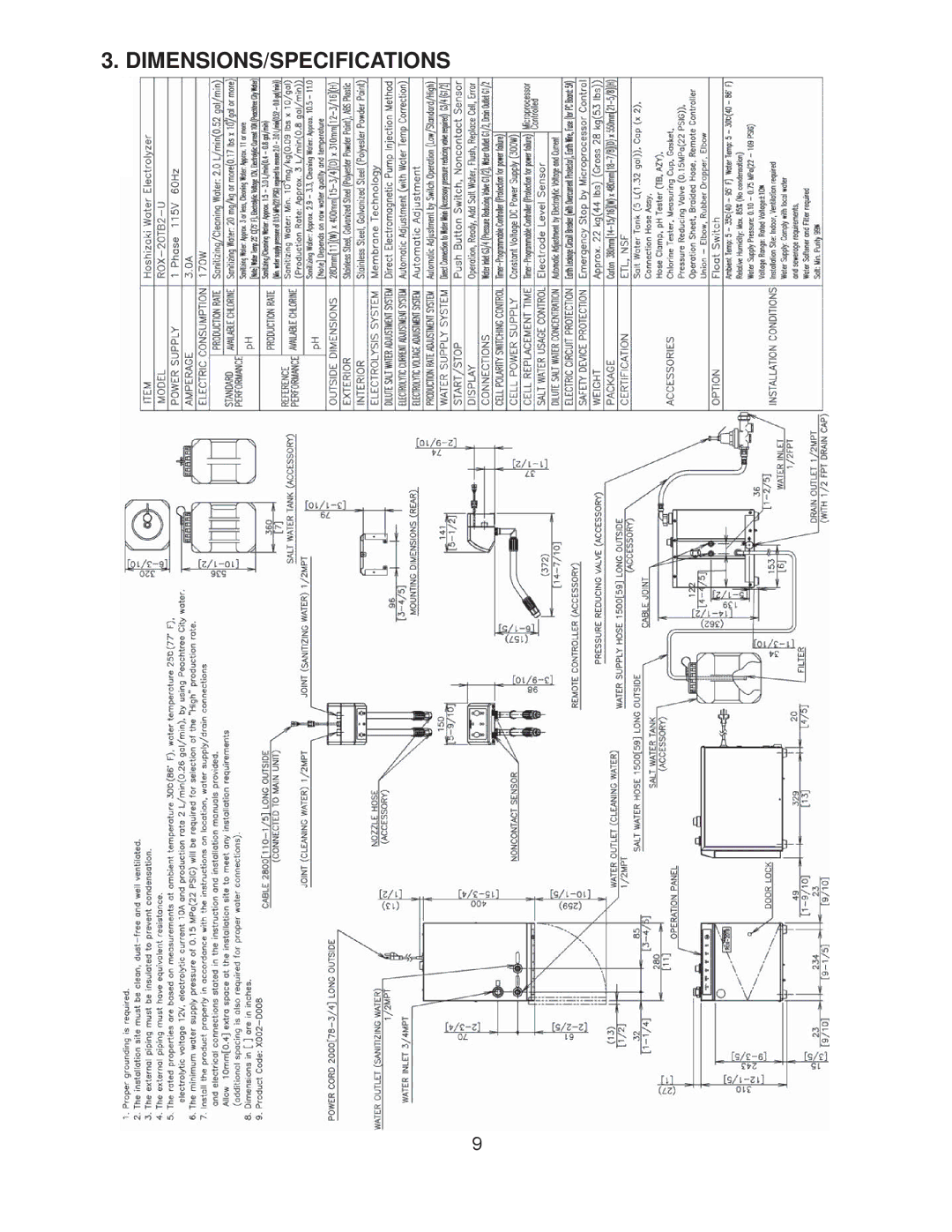 Hoshizaki ROX-20TB2-U service manual Dimensions/Specifications 