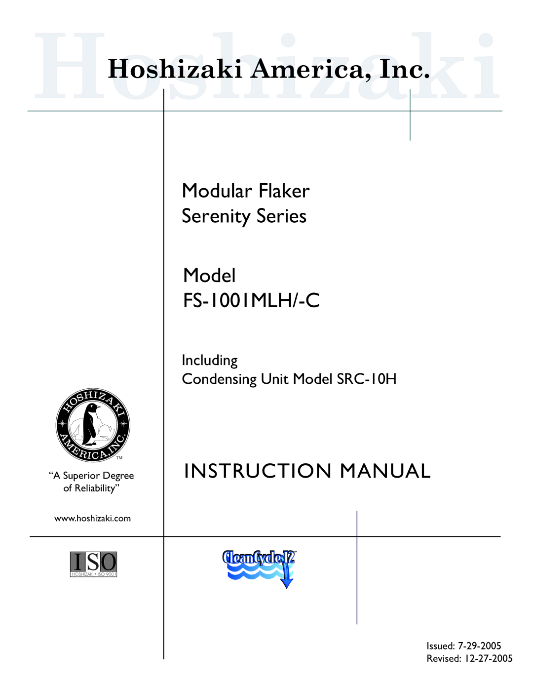 Hoshizaki SRC-10H instruction manual Modular Flaker Serenity Series Model FS-1001MLH/-C 