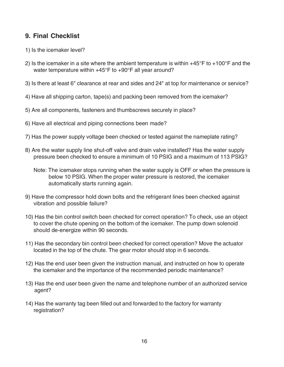 Hoshizaki SRC-10H instruction manual Final Checklist 