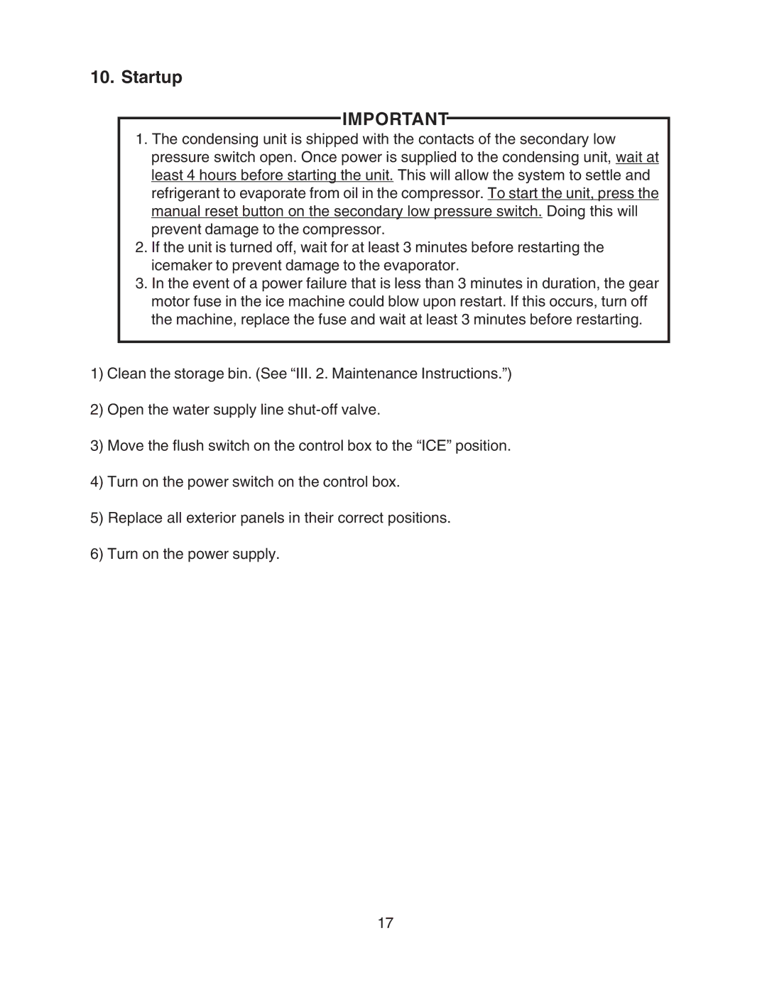 Hoshizaki SRC-10H instruction manual Startup 