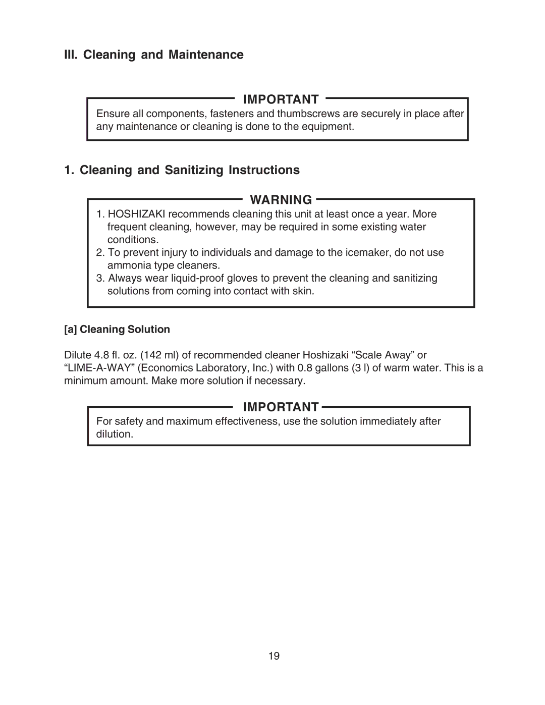 Hoshizaki SRC-10H instruction manual III. Cleaning and Maintenance, Cleaning and Sanitizing Instructions, Cleaning Solution 