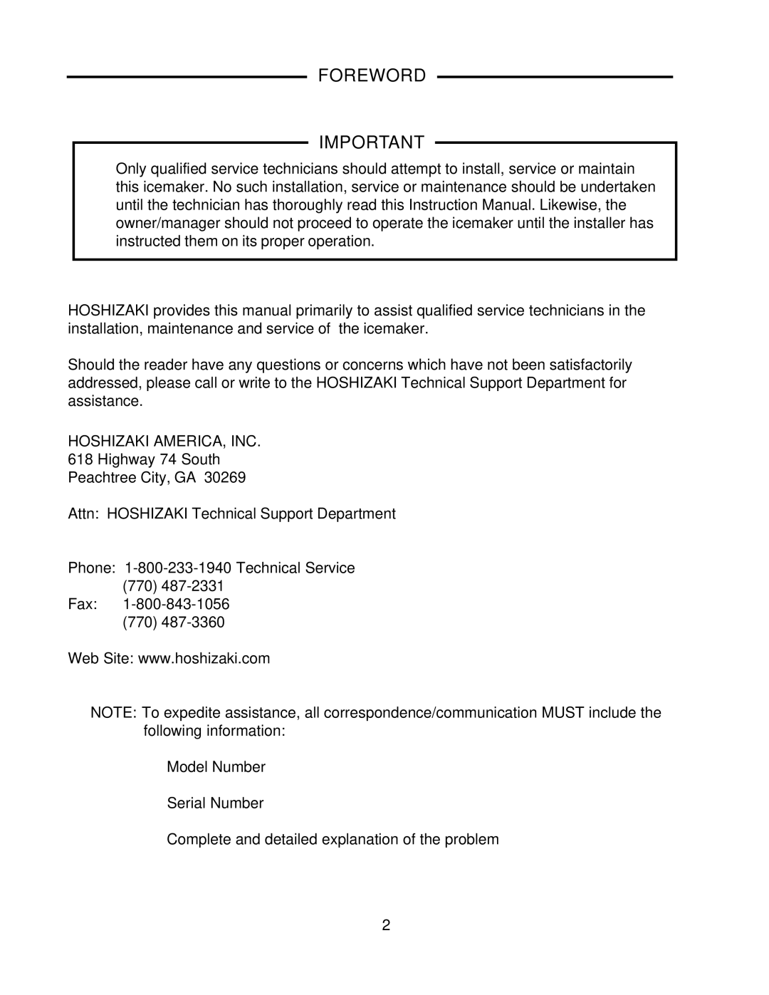 Hoshizaki SRC-10H instruction manual Foreword 