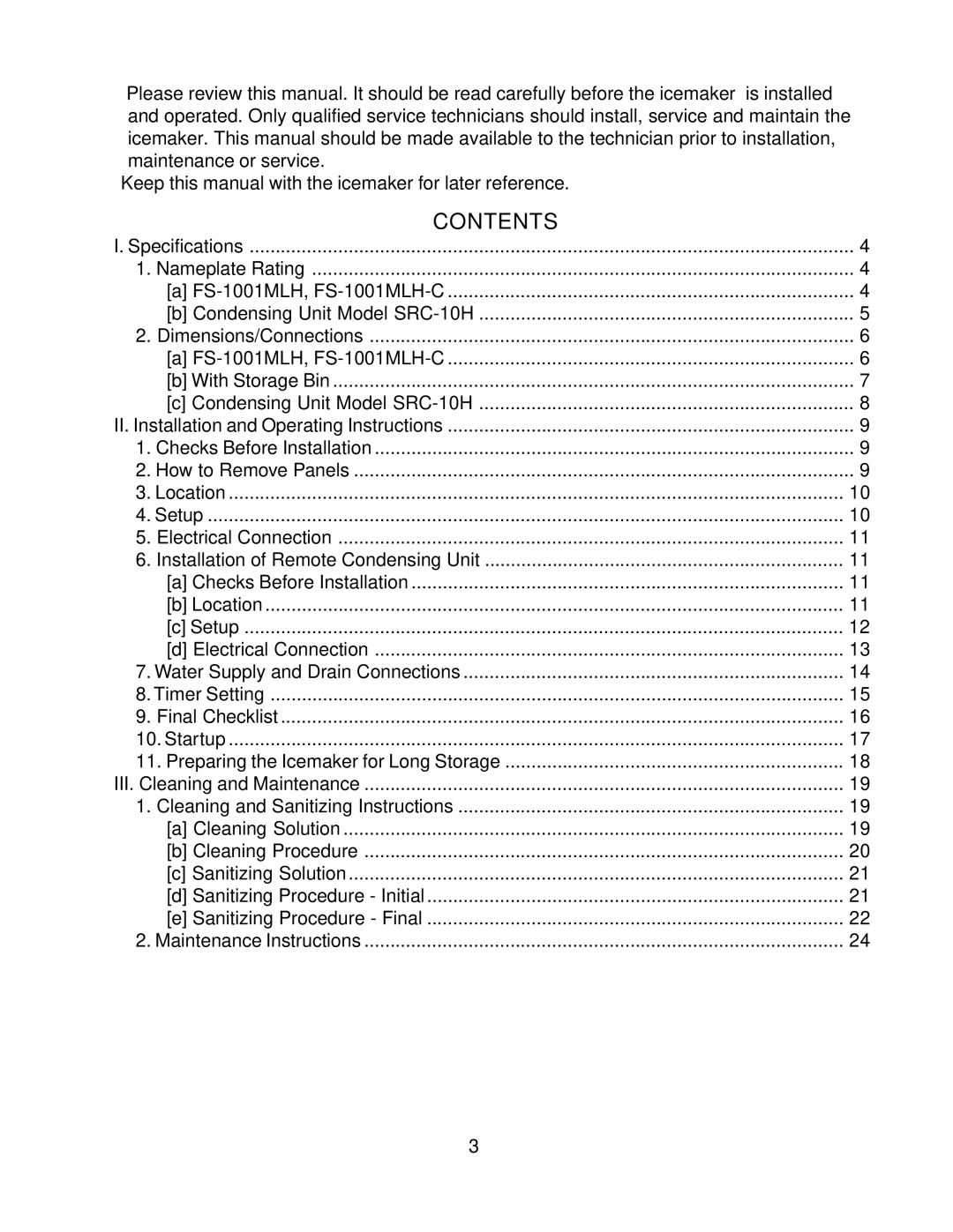 Hoshizaki SRC-10H instruction manual Contents 