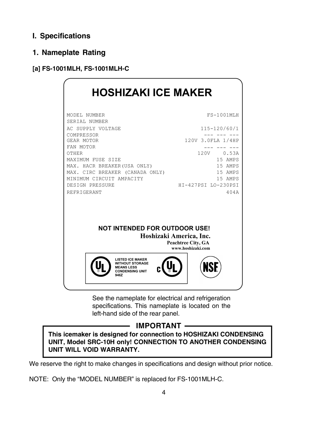 Hoshizaki SRC-10H instruction manual Specifications Nameplate Rating, FS-1001MLH, FS-1001MLH-C 