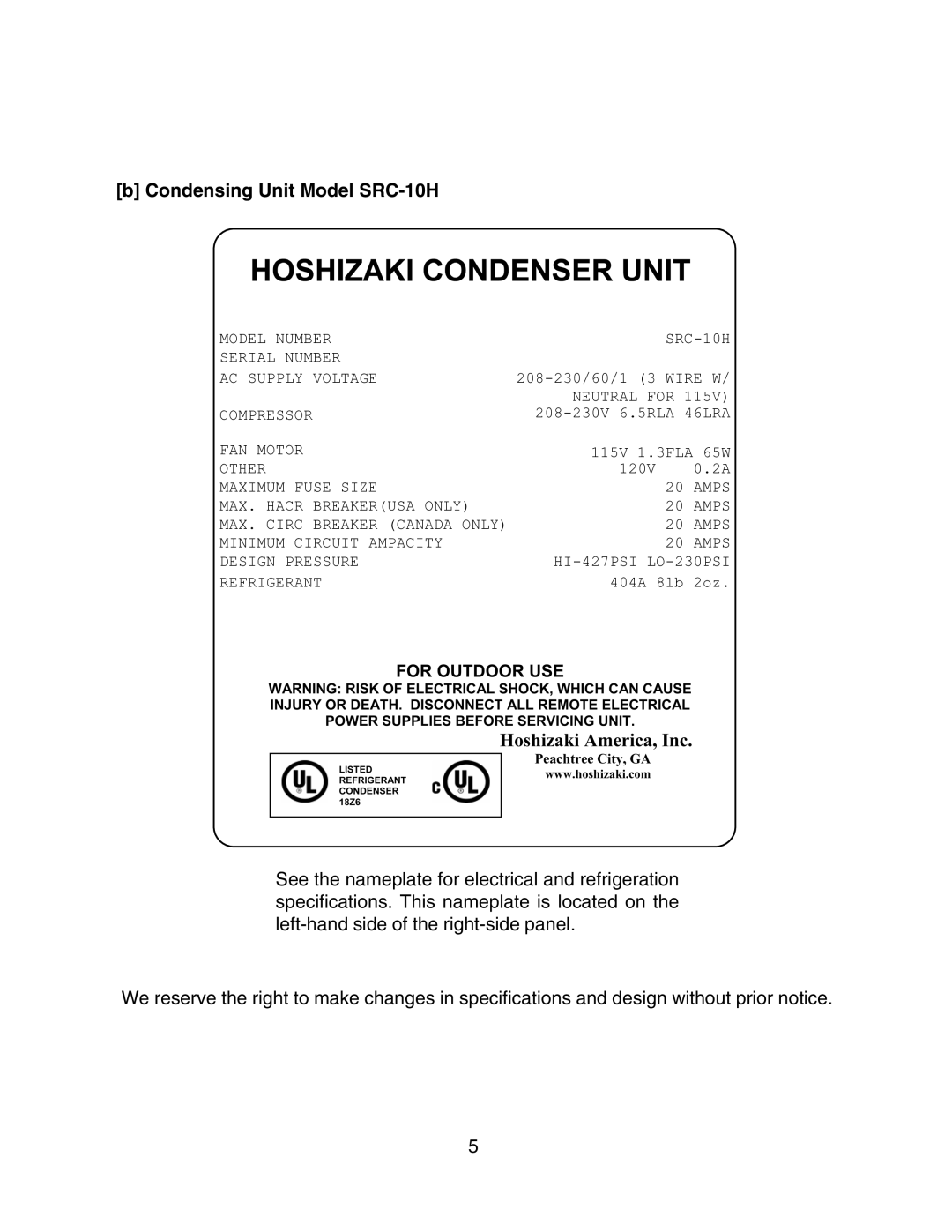 Hoshizaki instruction manual Condensing Unit Model SRC-10H 