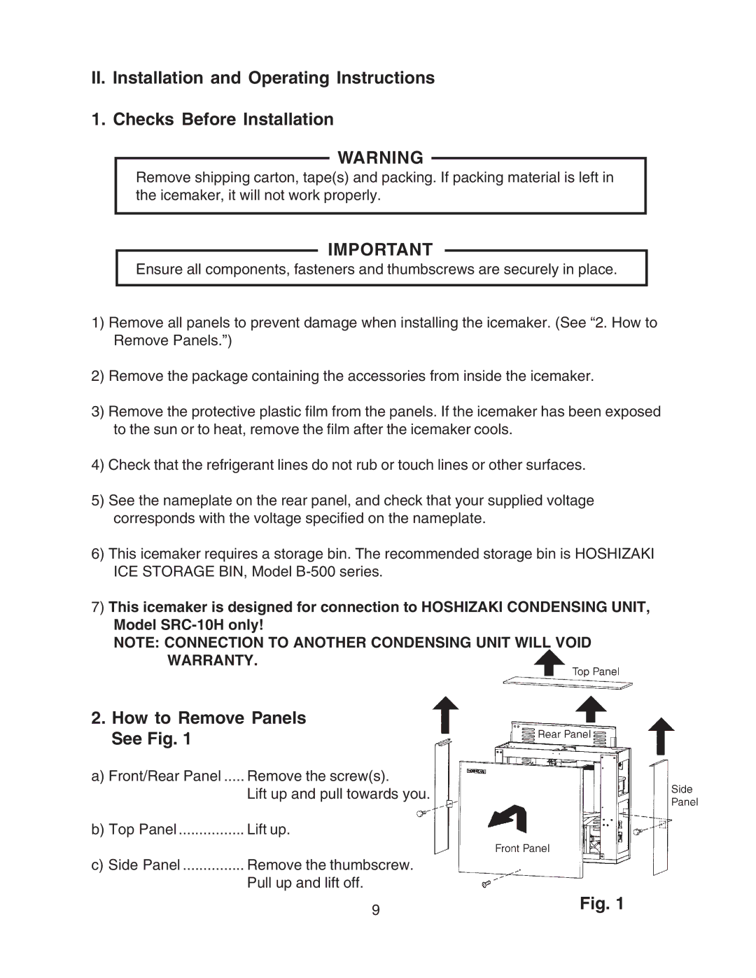 Hoshizaki SRC-10H instruction manual How to Remove Panels See Fig 