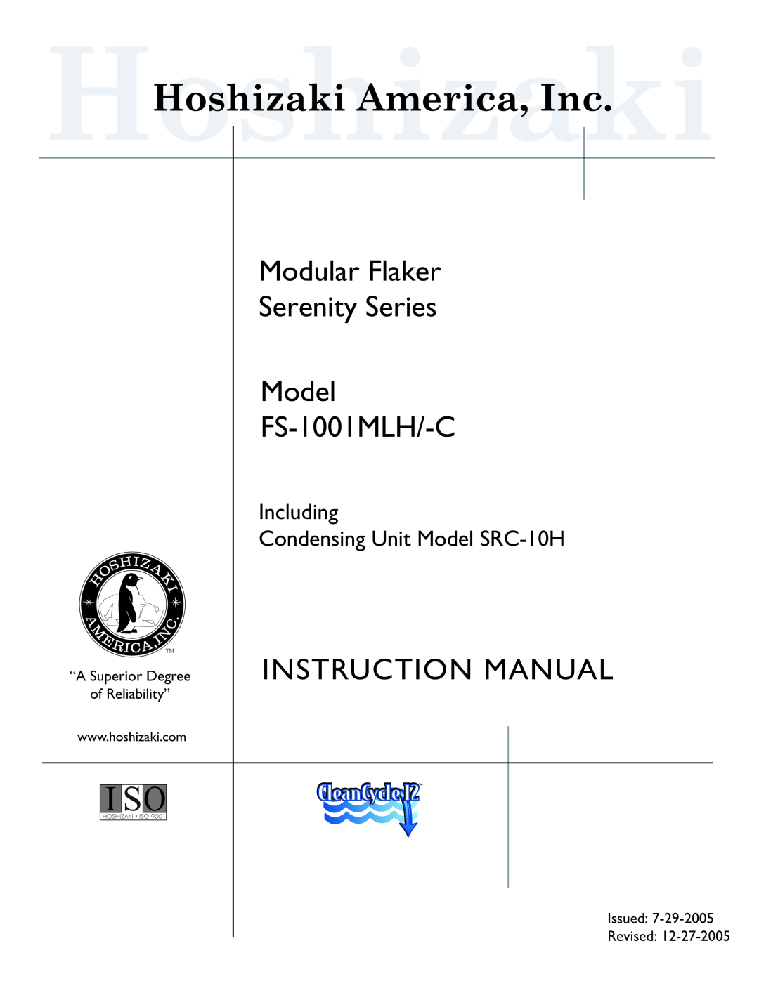 Hoshizaki SRC-10H instruction manual Modular Flaker Serenity Series Model, FS-1001MLH/-C, Issued Revised 