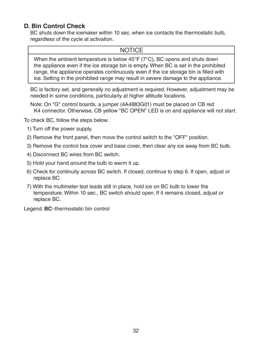 Hoshizaki SWH/3, SRH/3 KM-2100SWH3, SRH/3 KM-1400SWH-M, SWH3-M KM-1601SAH/3, KM-1301SAH/3 service manual Bin Control Check 