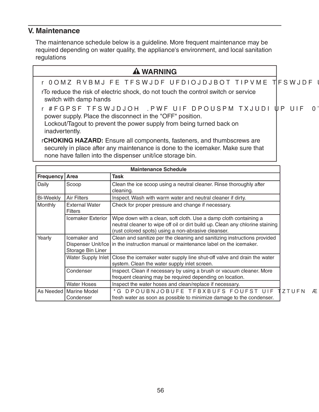 Hoshizaki SRH/3 KM-1400SWH-M, SRH/3 KM-2100SWH3, SWH3-M KM-1601SAH/3, SWH/3 Maintenance Schedule, Frequency Area Task 