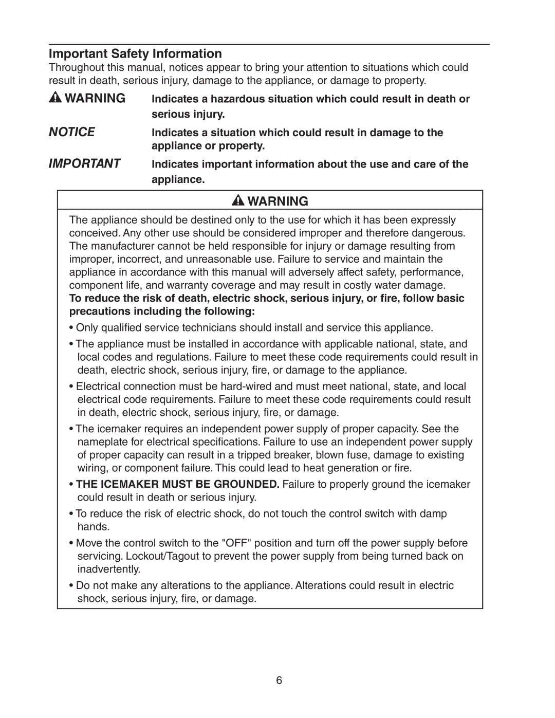 Hoshizaki SRH3 KMH-2000SWH/3, SRH/3 KM-2100SWH3, SRH/3 KM-1400SWH-M, SWH3-M KM-1601SAH/3 Important Safety Information 