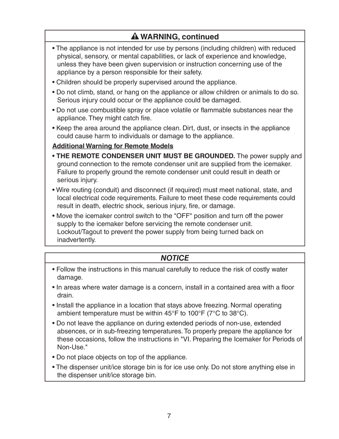 Hoshizaki SRH3 KM-2500SWH3, SRH/3 KM-2100SWH3, SRH/3 KM-1400SWH-M, KM-1301SAH/3 Additional Warning for Remote Models 