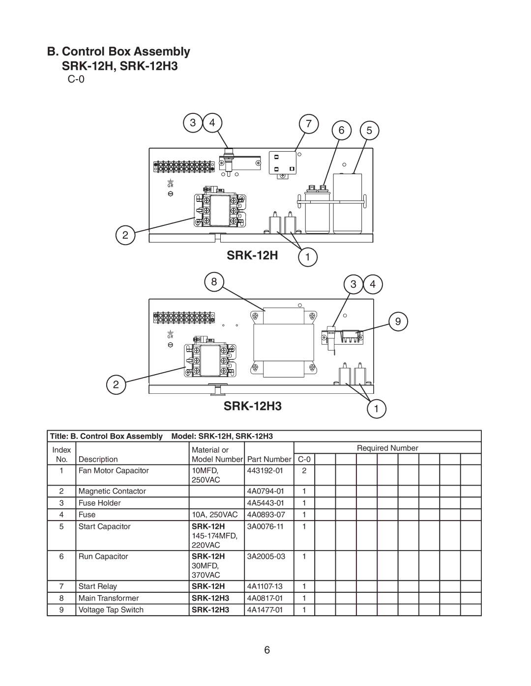 Hoshizaki SRK-12H/3 manual Control Box Assembly SRK-12H, SRK-12H3, Title B. Control Box Assembly Model SRK-12H, SRK-12H3 