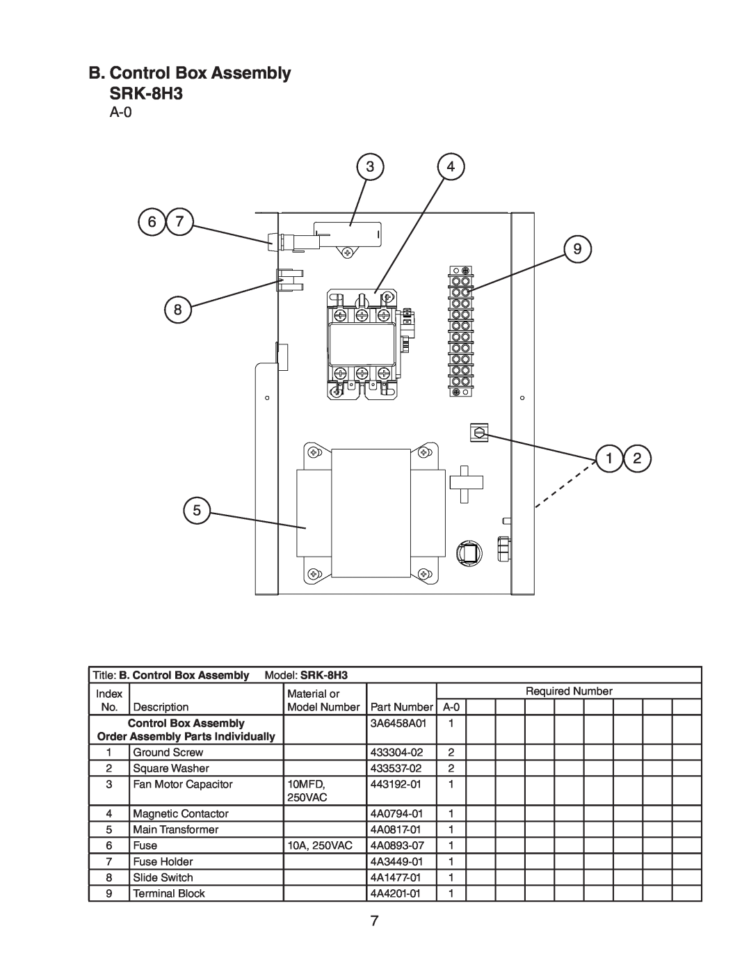 Hoshizaki SRK-8H/3 manual B. Control Box Assembly SRK-8H3 