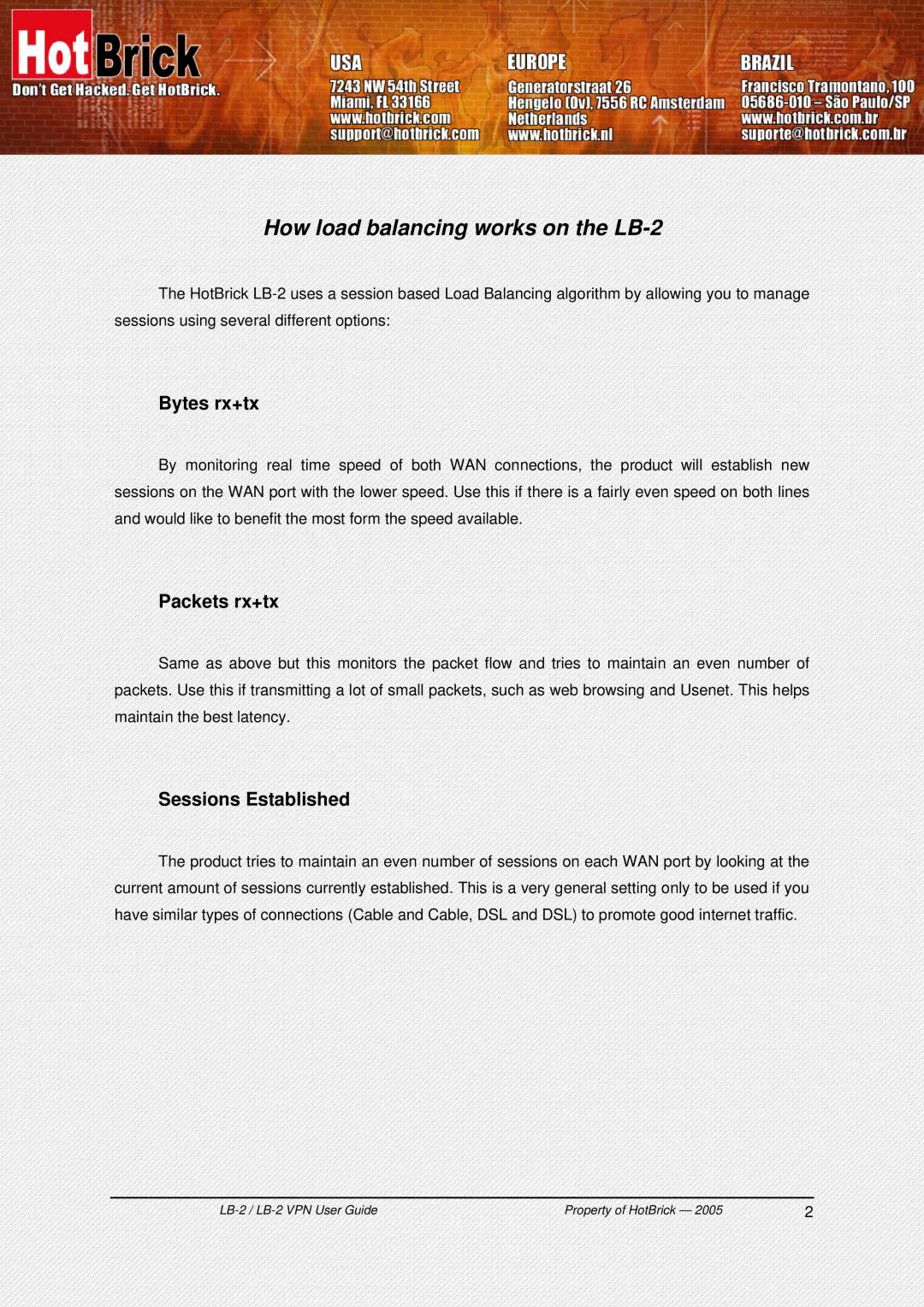 HotBrick LB-2 VPN manual How load balancing works on the LB-2, Bytes rx+tx, Packets rx+tx, Sessions Established 