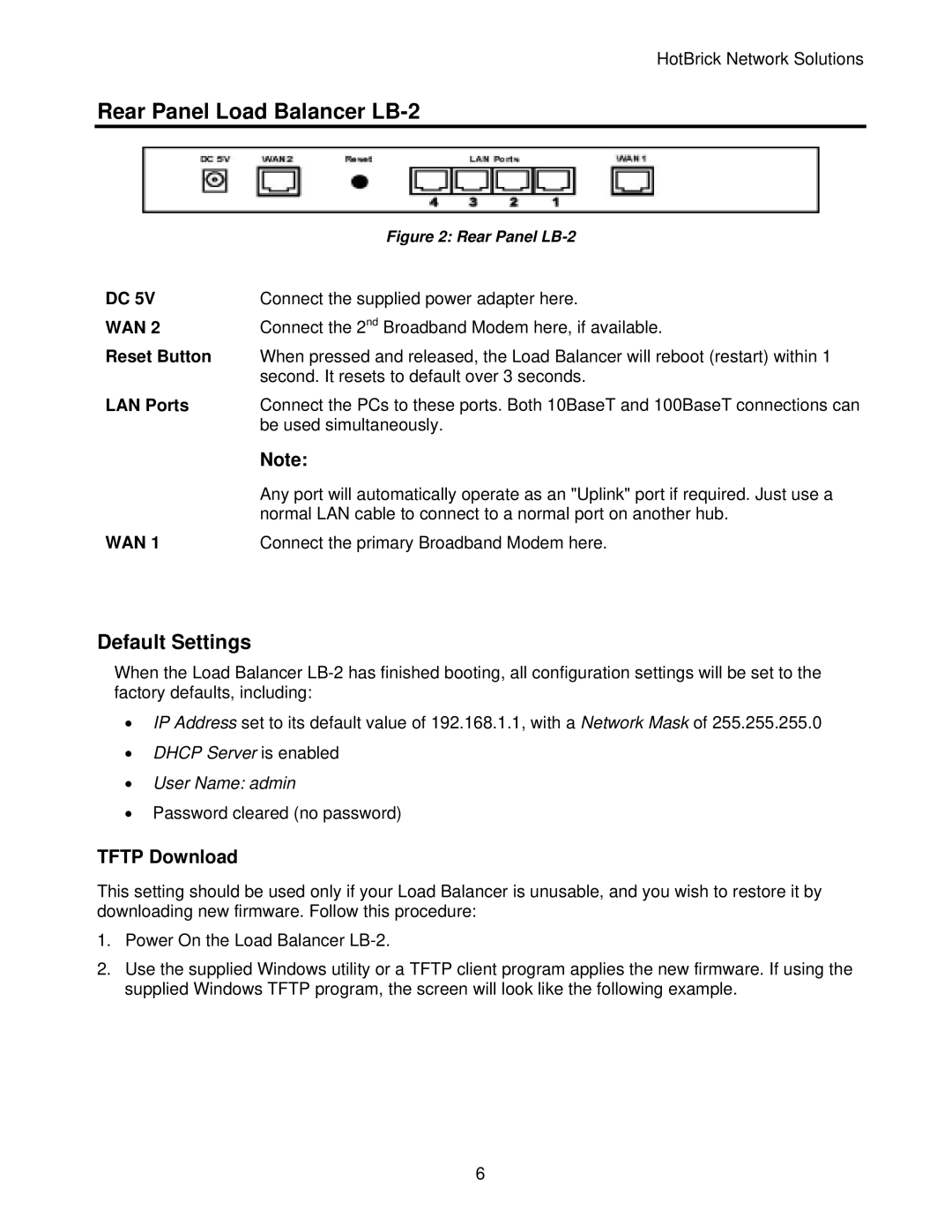 HotBrick manual Rear Panel Load Balancer LB-2, Default Settings, Reset Button, LAN Ports 