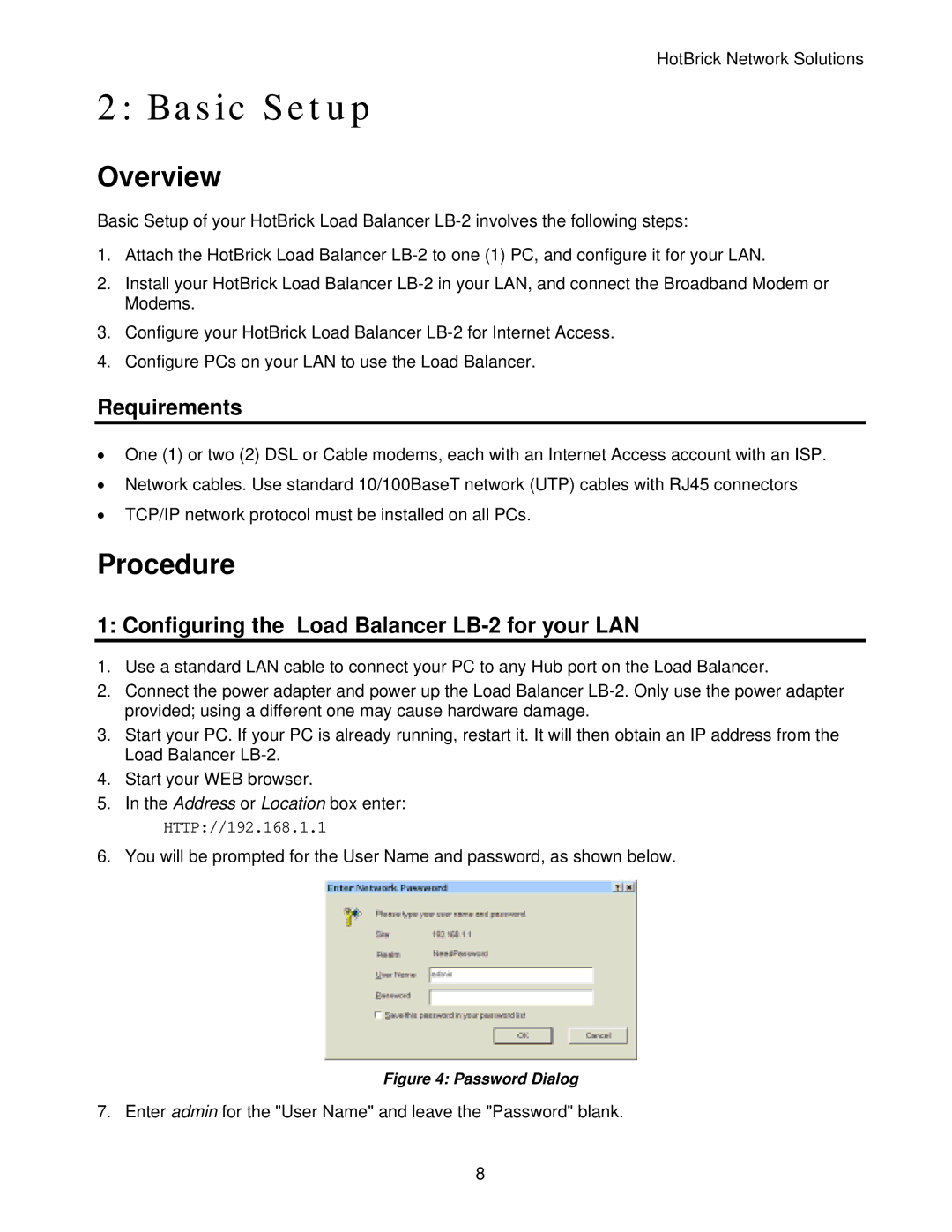 HotBrick manual Basic Setup, Overview, Procedure, Requirements, Configuring the Load Balancer LB-2 for your LAN 