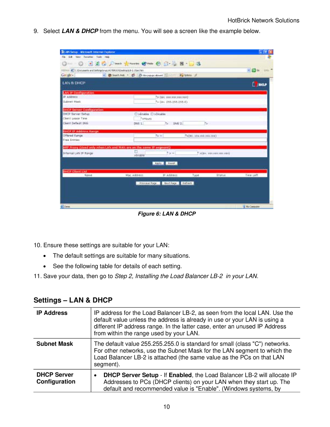 HotBrick LB-2 manual Settings LAN & Dhcp, IP Address, Subnet Mask, Dhcp Server, Configuration 