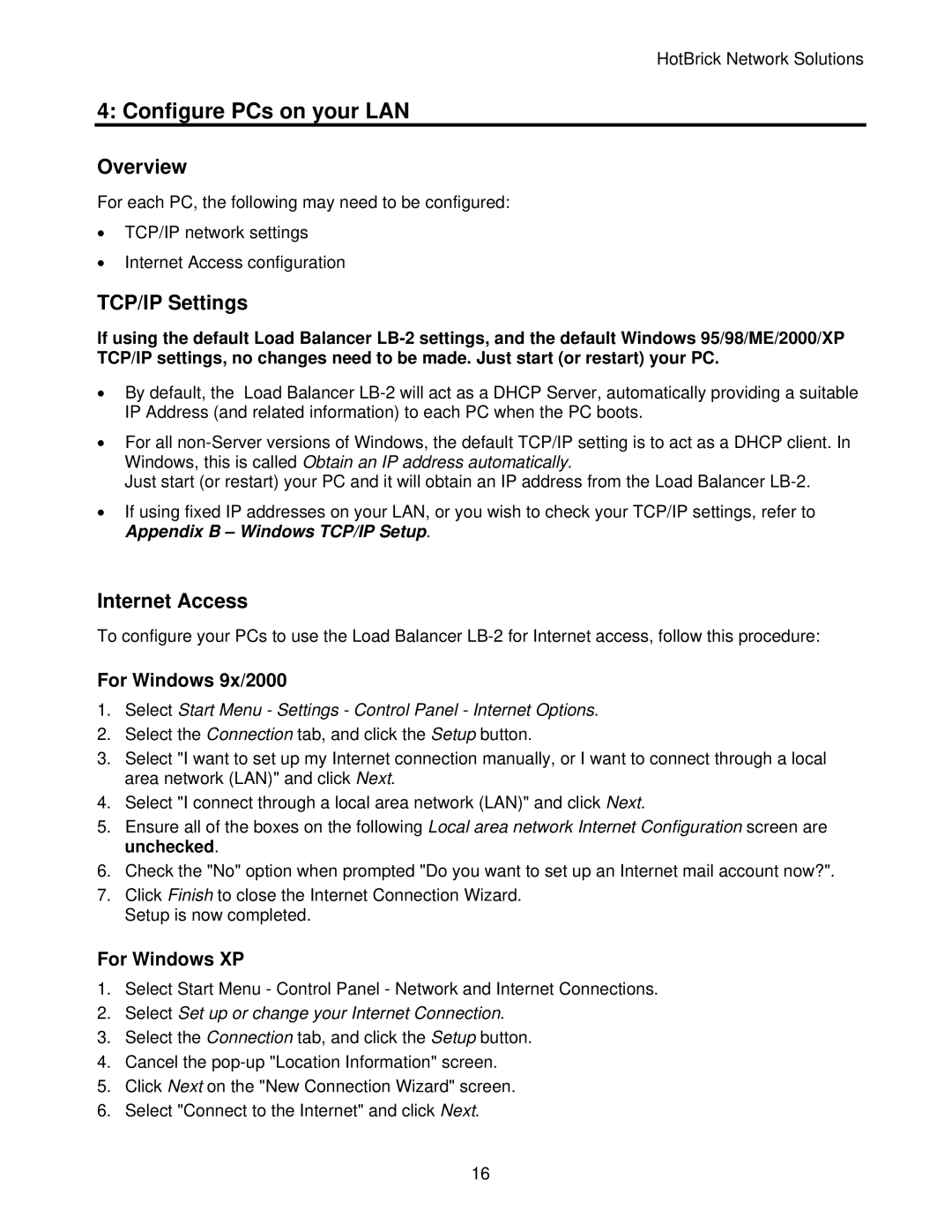 HotBrick LB-2 manual Configure PCs on your LAN, Overview, TCP/IP Settings, Internet Access 